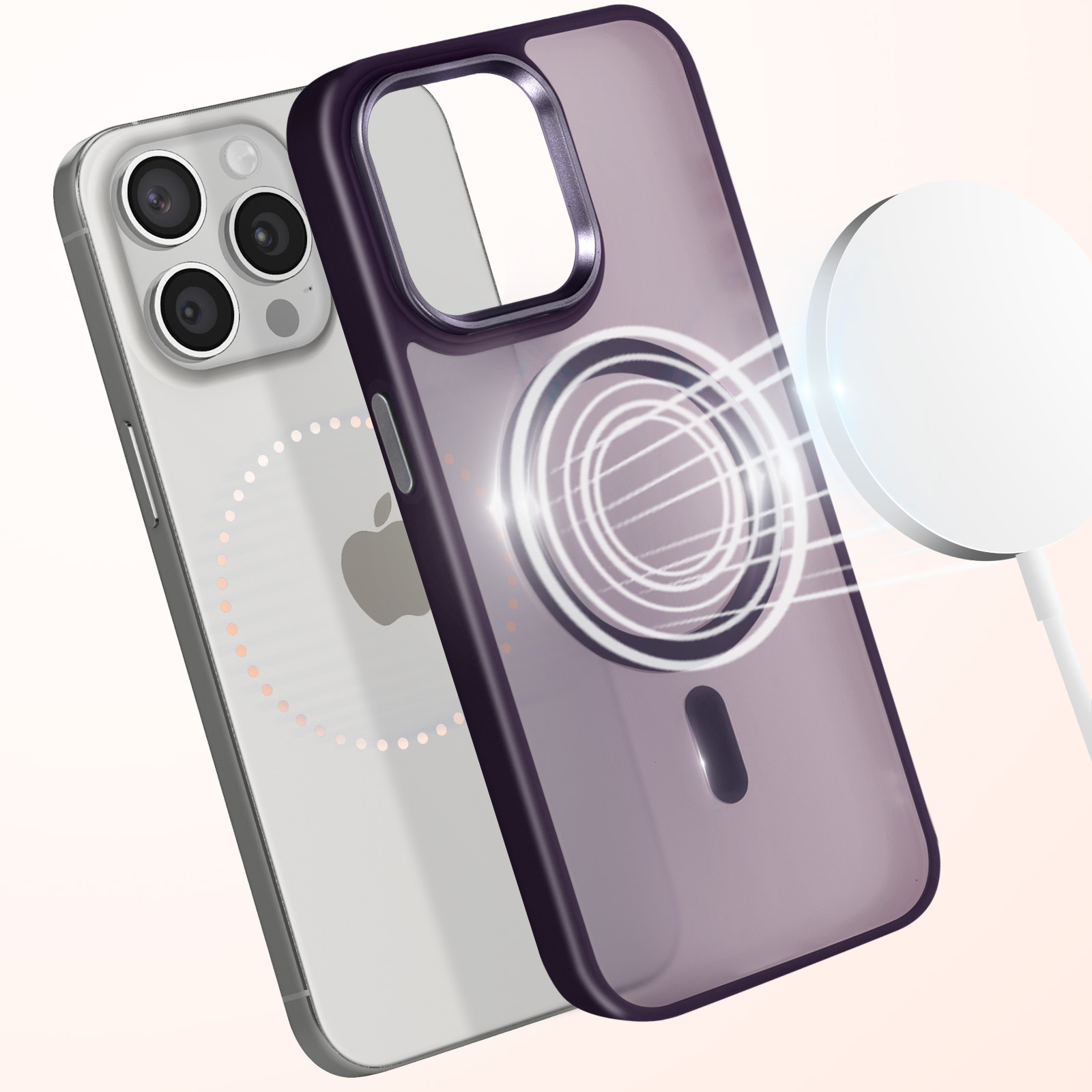 Telefono con custodia viola trasparente e caricatore wireless.