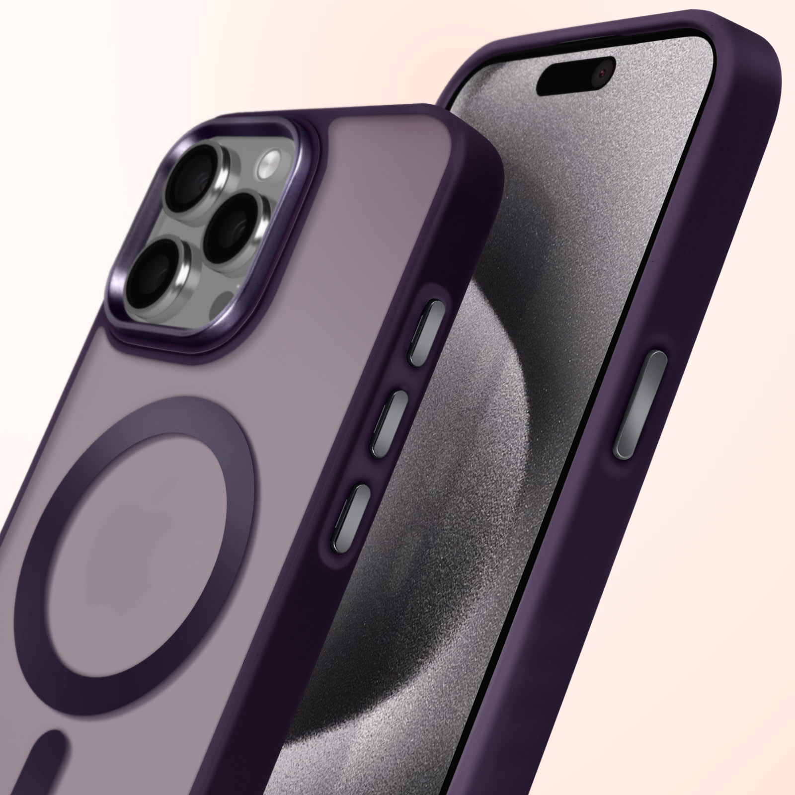 Custodia per telefono viola con un anello viola scuro. Telefono all'interno. Pulsanti laterali visibili. Custodia viola con logo Apple.