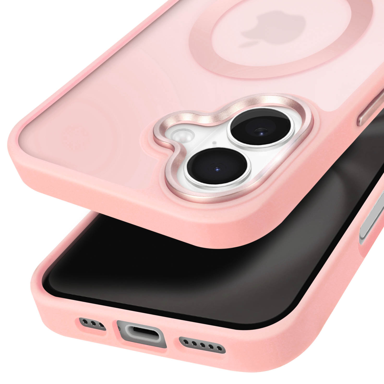 Una custodia rosa per telefono sopra un telefono nero, sfondo viola chiaro.