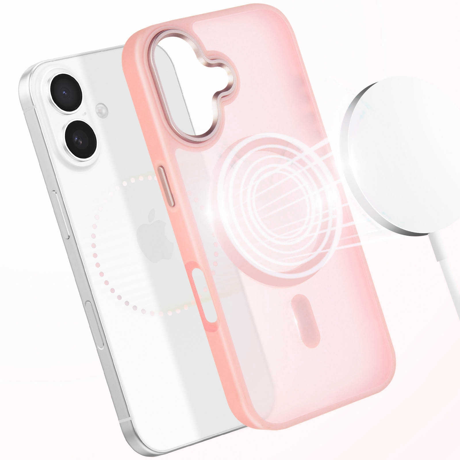 Una custodia rosa per telefono e un telefono bianco. La custodia è magnetica e attaccata a una base di ricarica bianca.