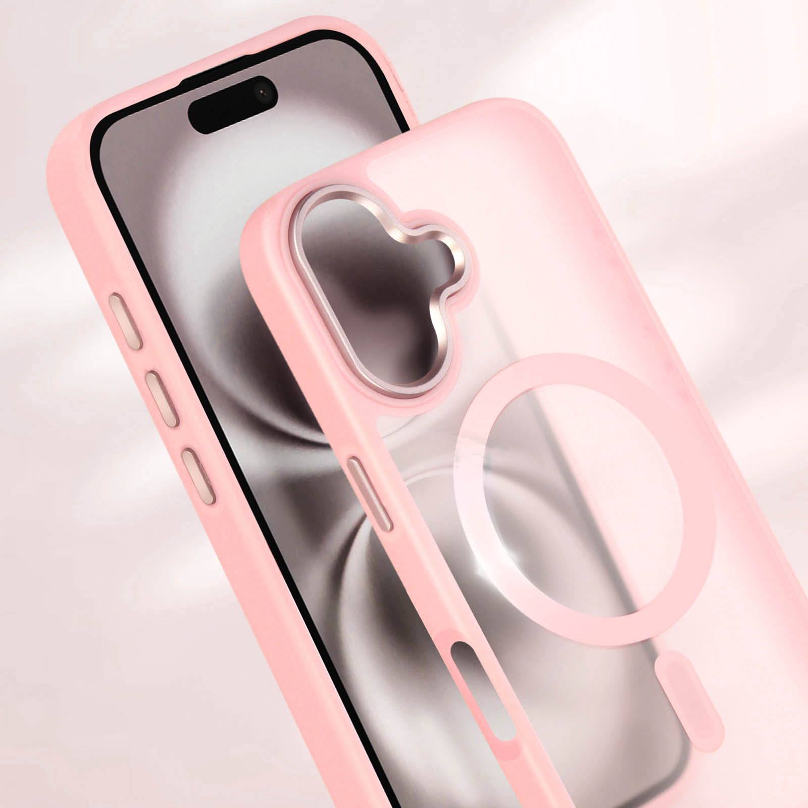 Primo piano di una custodia rosa su uno schermo. Un anello di plastica trasparente attorno all'area della fotocamera.