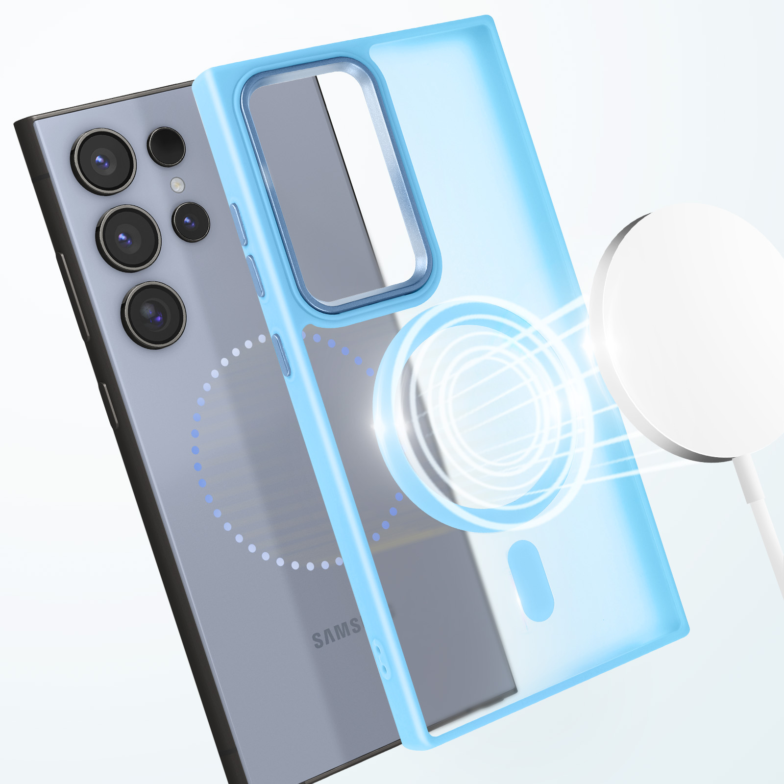 Telefono con custodia blu e caricatore circolare bianco. Un secondo telefono è visibile.