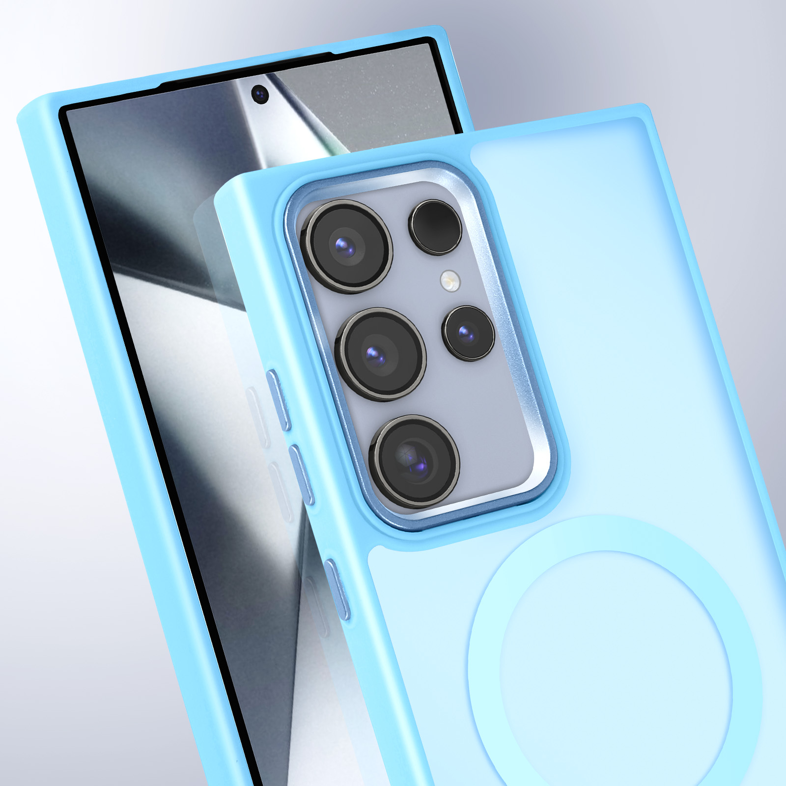 Custodia per telefono blu con rilievo per la fotocamera. La fotocamera ha quattro lenti. La custodia è azzurra e trasparente.