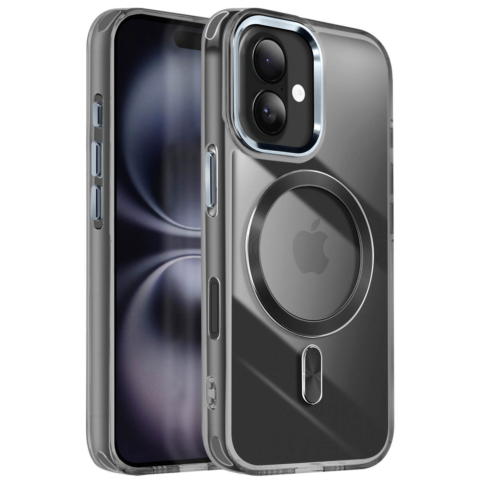Custodia trasparente per telefono con un cerchio magnetico. La custodia è su un telefono.