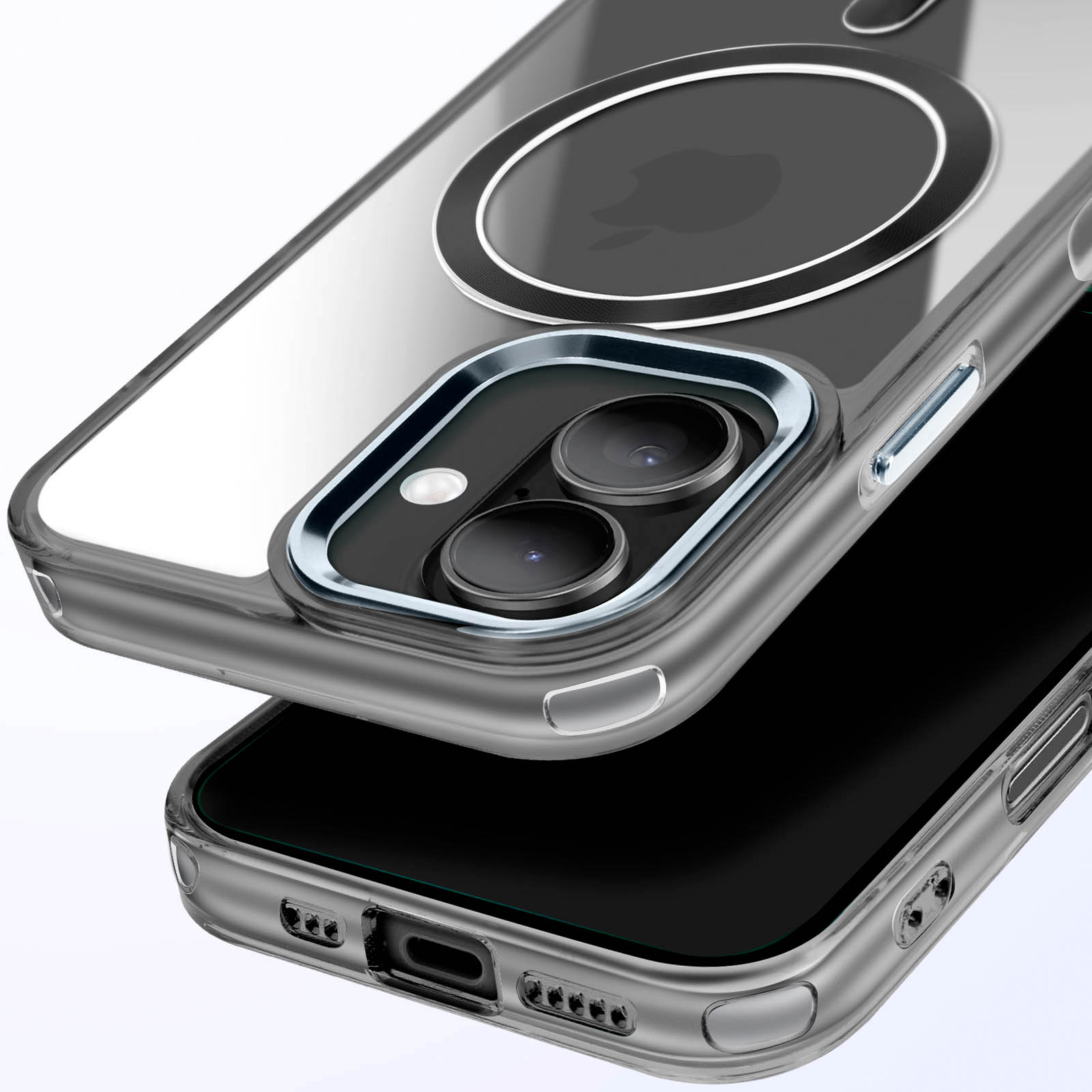 Una custodia trasparente per telefono su un iPhone nero, con le lenti della fotocamera visibili. La custodia è leggermente sollevata.