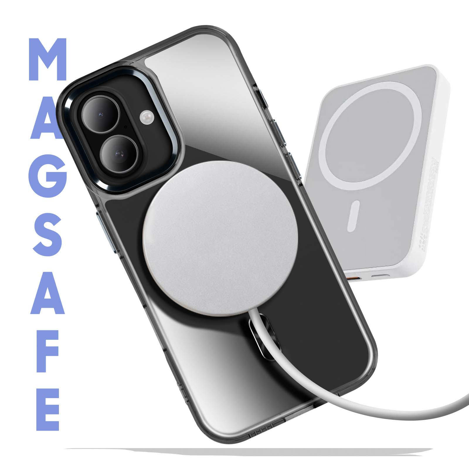 Una custodia per telefono con un cavo di ricarica e un caricatore MagSafe. Il testo 'MAGSAFE' è visibile.