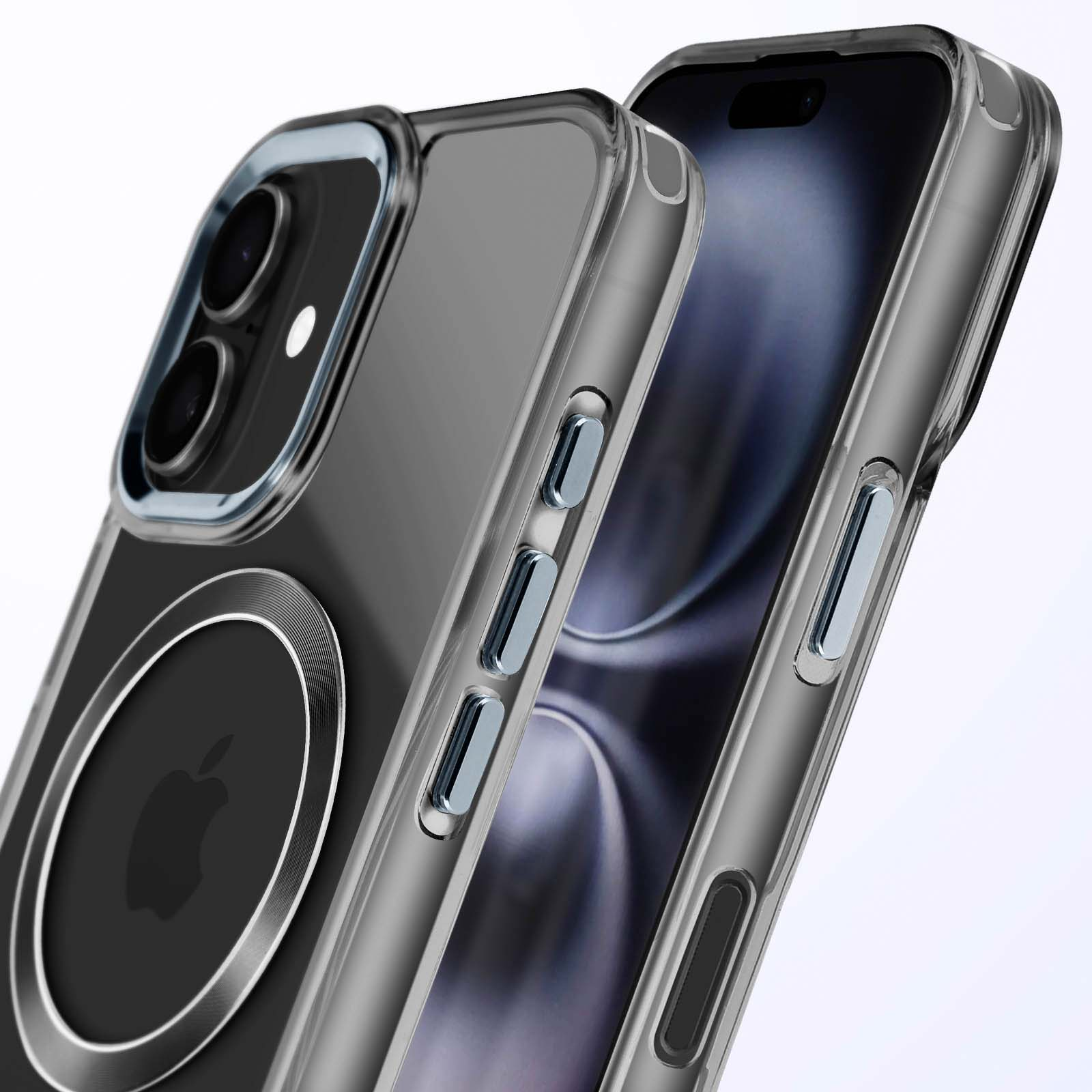 Telefono in una custodia. La custodia ha un anello argentato e il logo Apple è visibile.