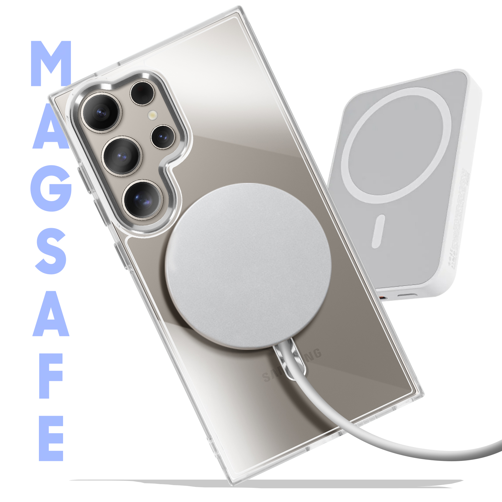 Telefono con custodia trasparente e caricatore MagSafe collegato.