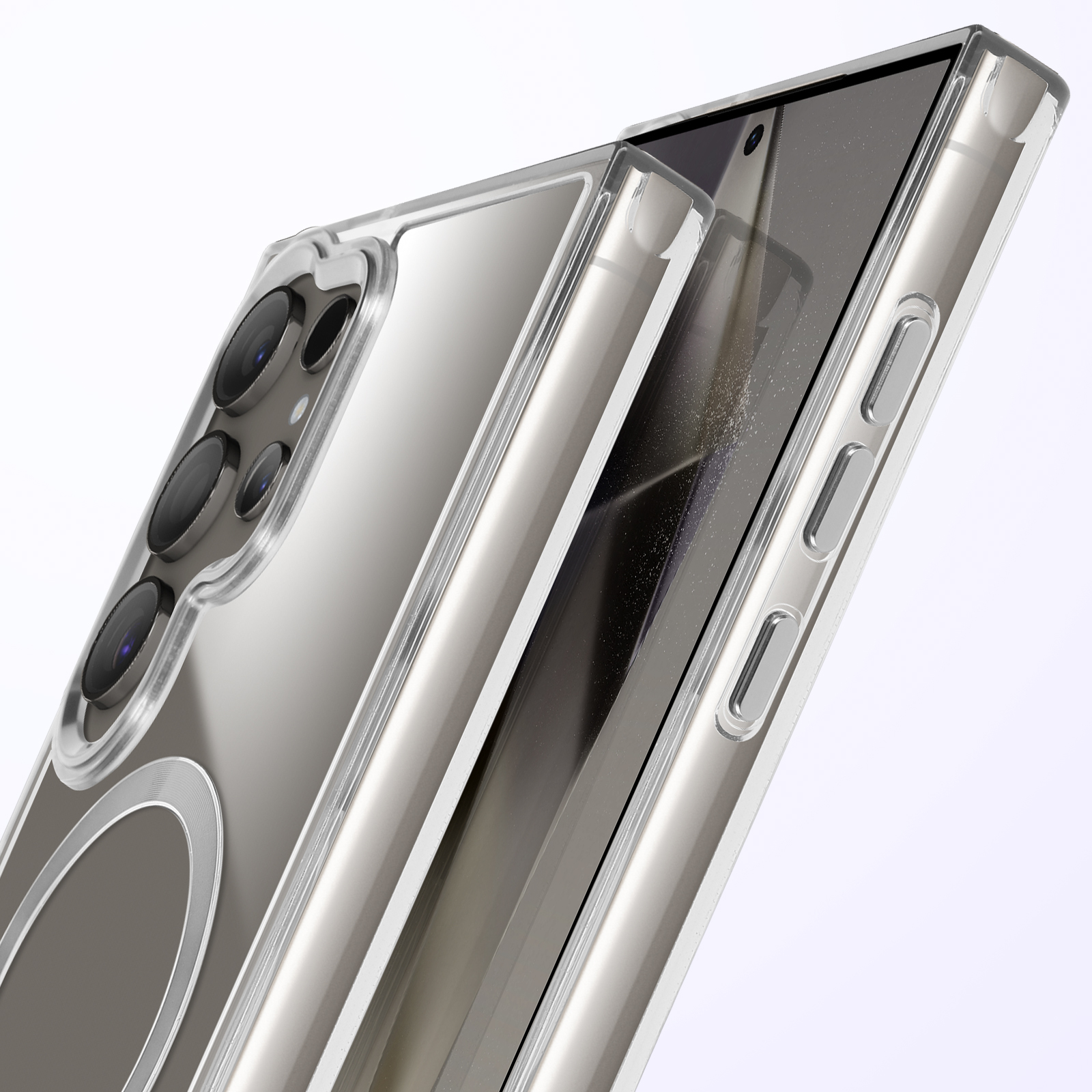 Una custodia trasparente per telefono, che mostra un telefono con lenti della fotocamera. La custodia ha una cornice argentata.