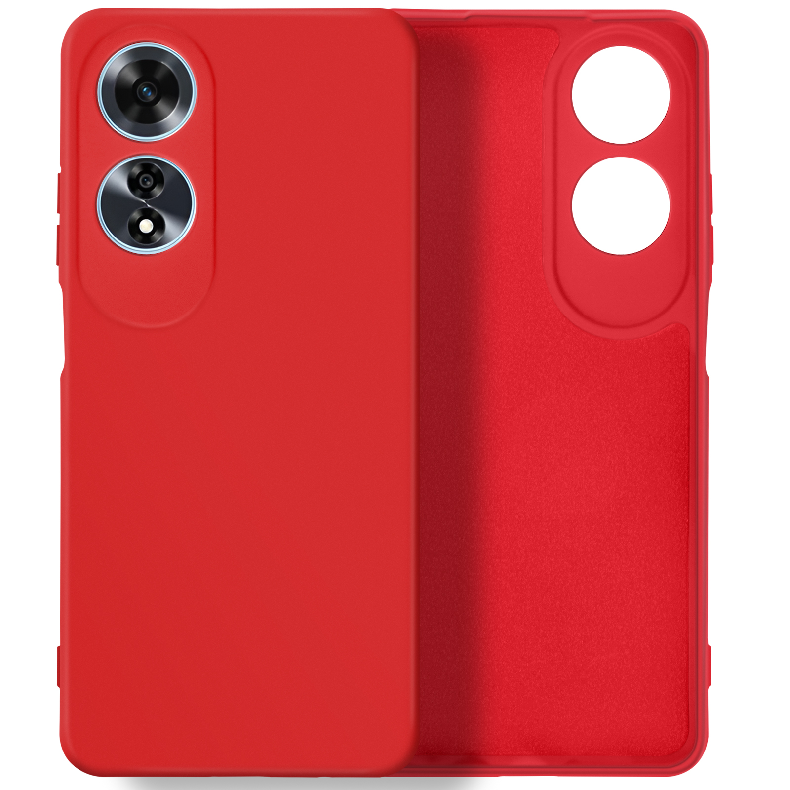 Rote Handyhülle, geöffnet, um das Innere zu zeigen, zeigt die Kameraausschnitte und das Design.