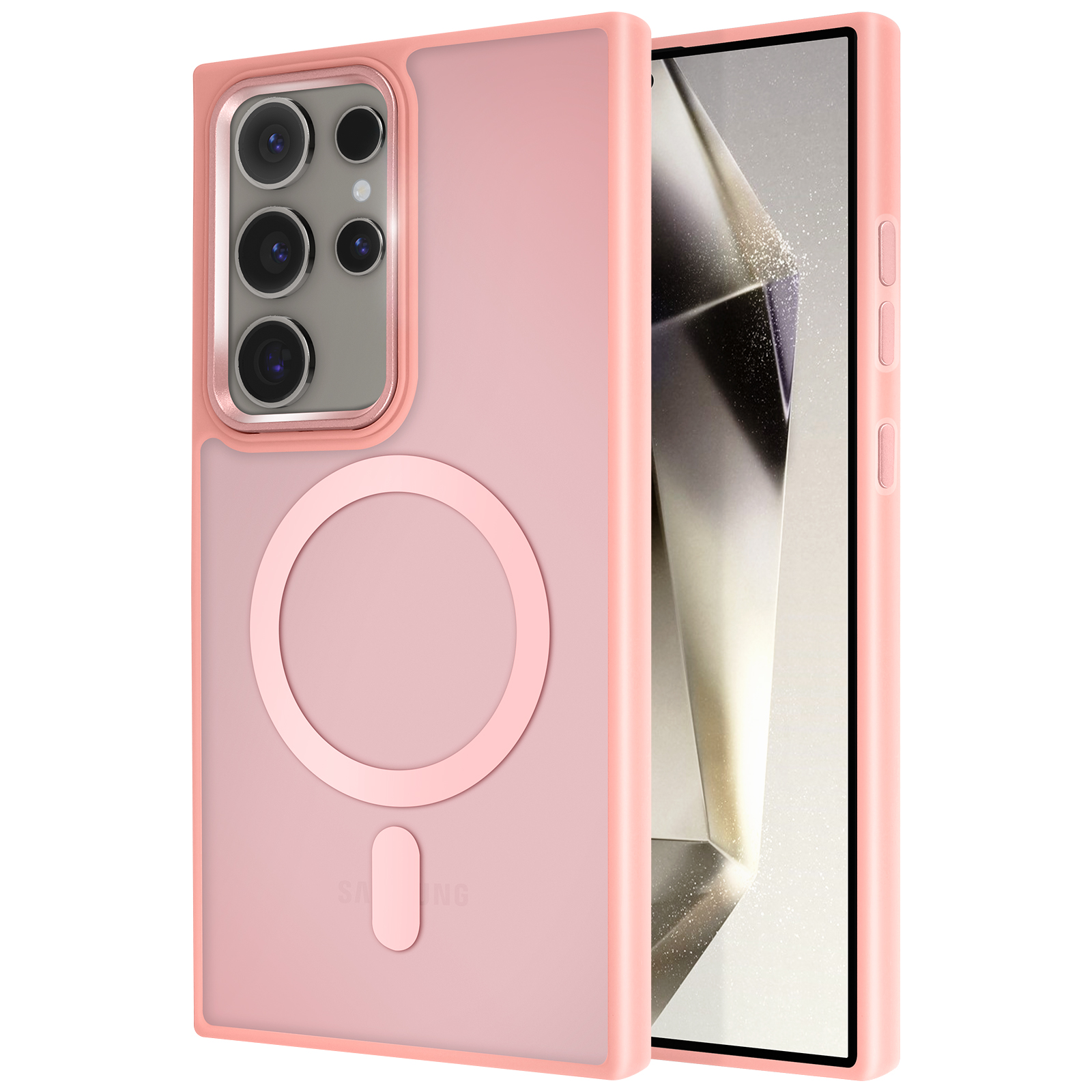 Custodia rosa per telefono con anello magnetico su sfondo rosa chiaro. La custodia è attorno a un telefono.