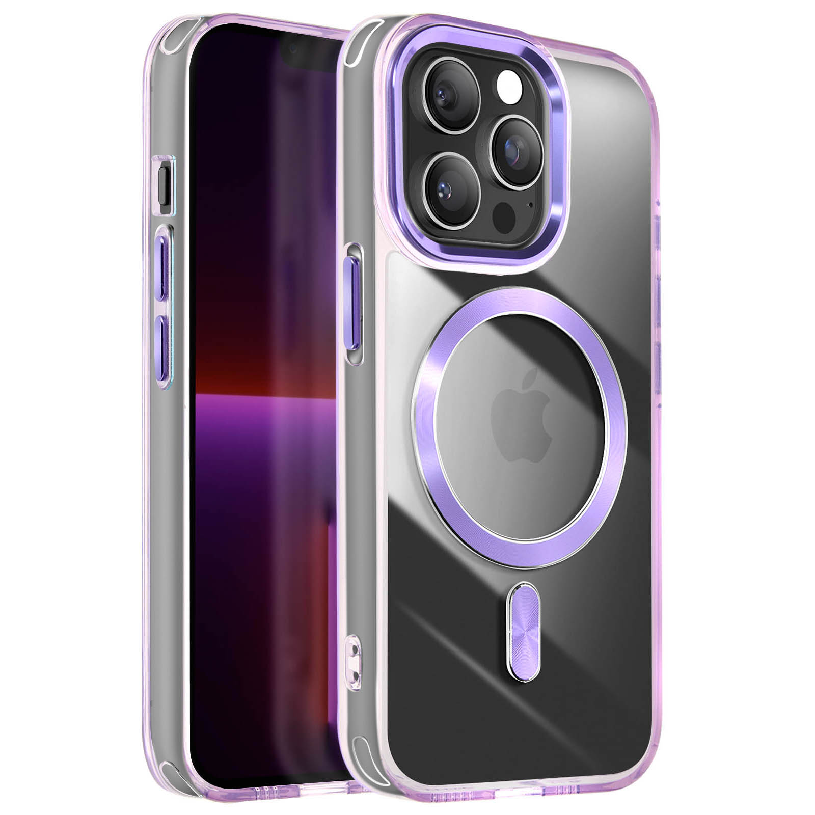 Custodia per telefono su un telefono, custodia trasparente con un anello viola e un logo Apple.
