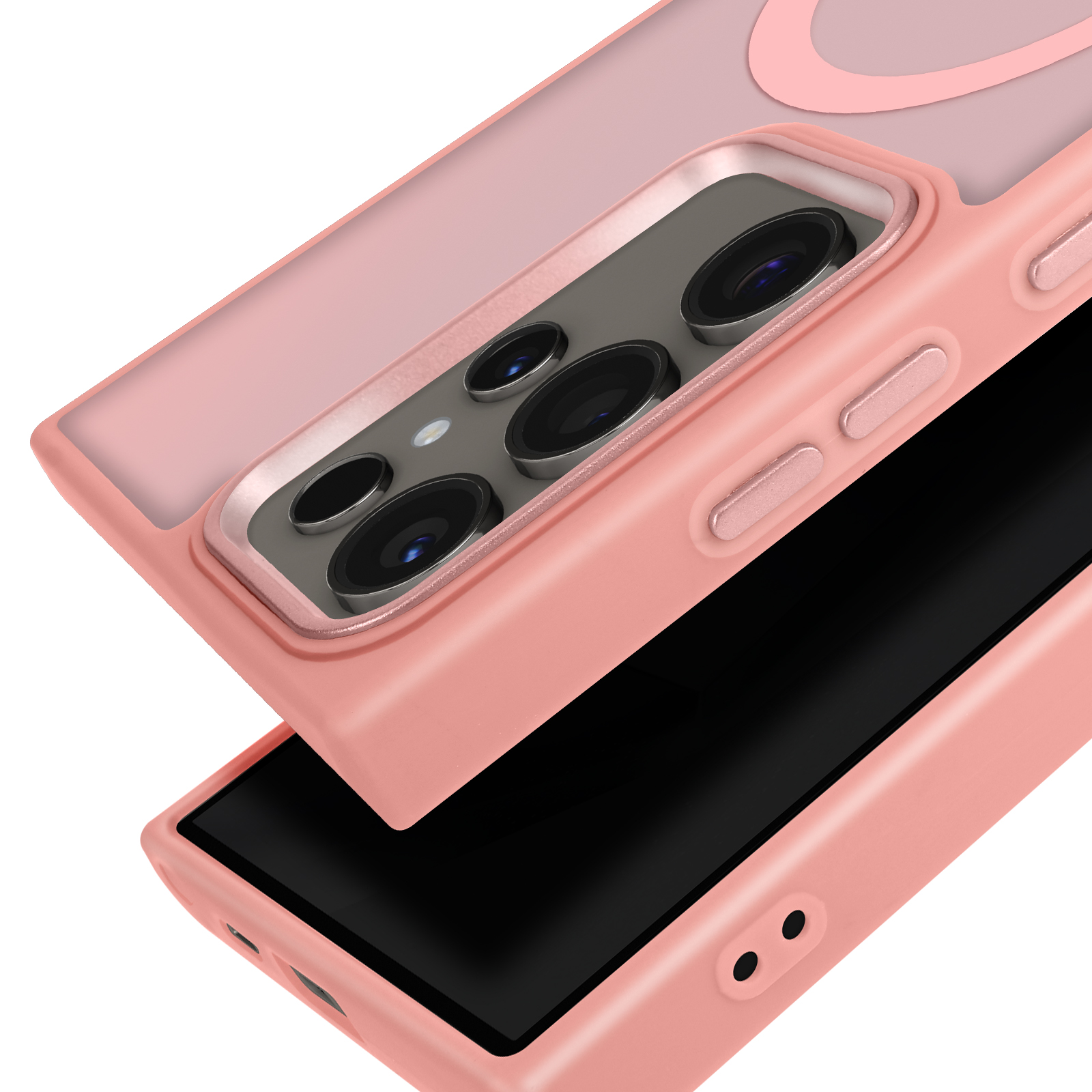 Una custodia rosa per telefono con ritaglio per fotocamera e un telefono all'interno. La custodia è parzialmente aperta.