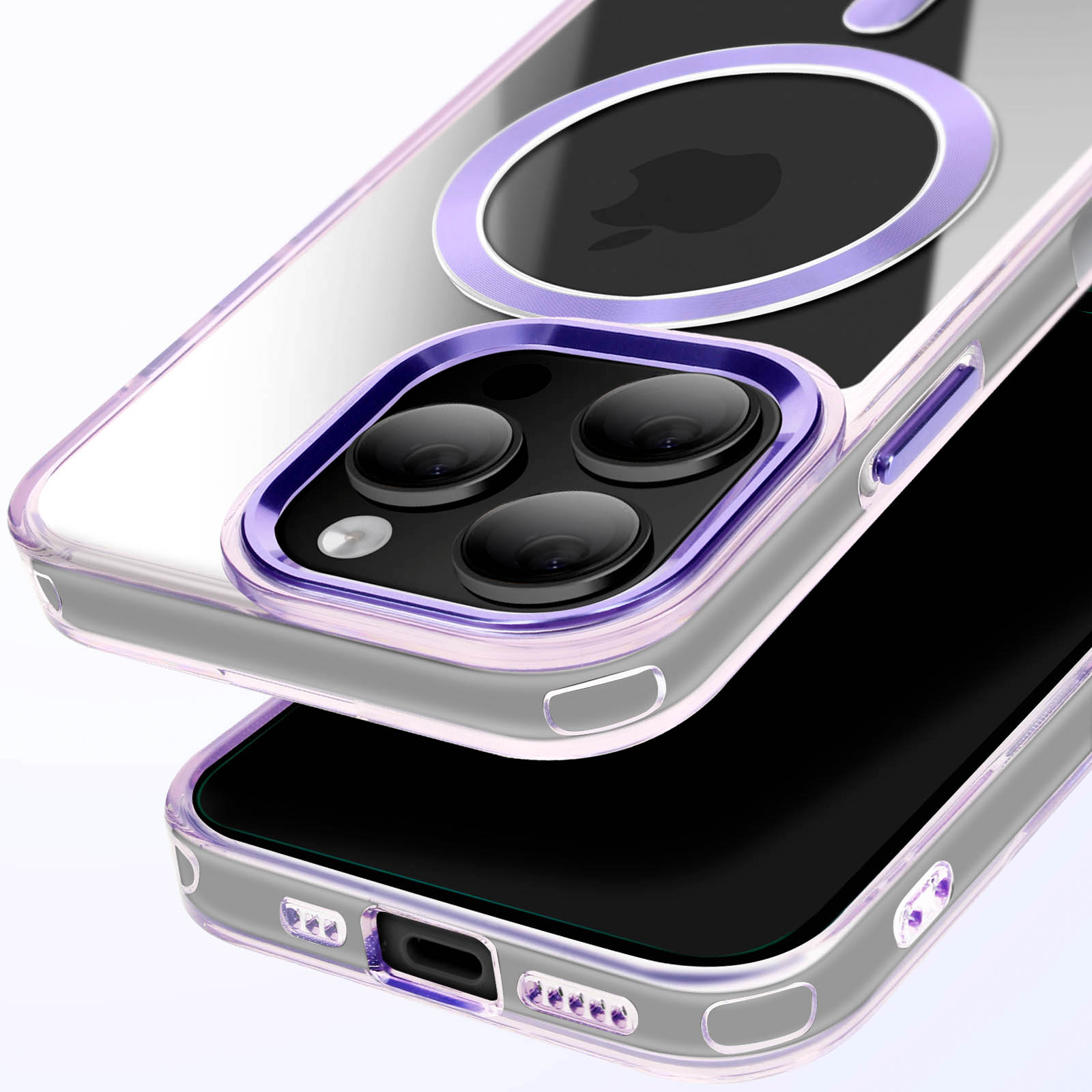 Custodia trasparente per telefono con un anello viola attorno al modulo fotocamera. La parte posteriore del telefono è visibile.