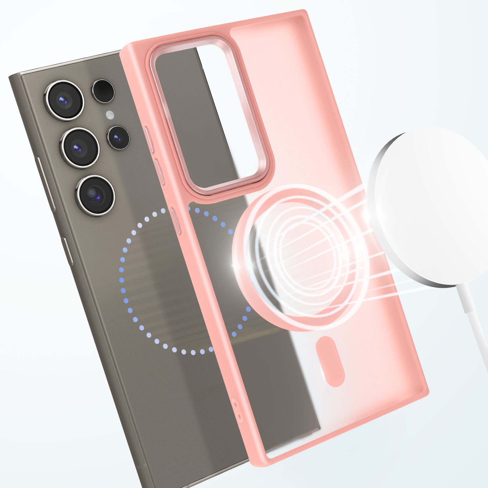 Custodia per telefono e telefono, con un caricabatterie wireless che mostra il contorno di carica.