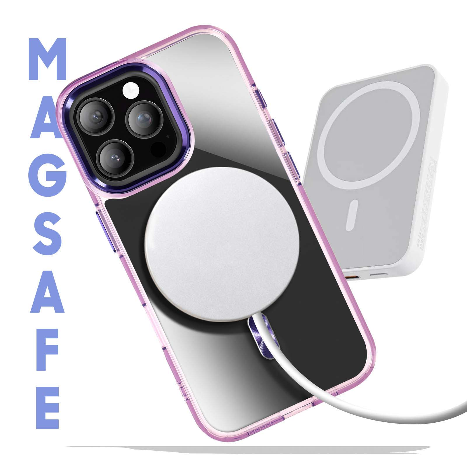 Custodia trasparente con accenti rosa, caricatore MagSafe. Il telefono ha tre fotocamere.