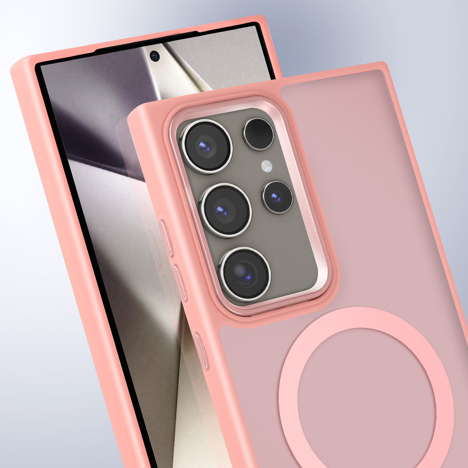 Una custodia rosa per telefono sopra un telefono con fotocamera, sfondo viola chiaro.