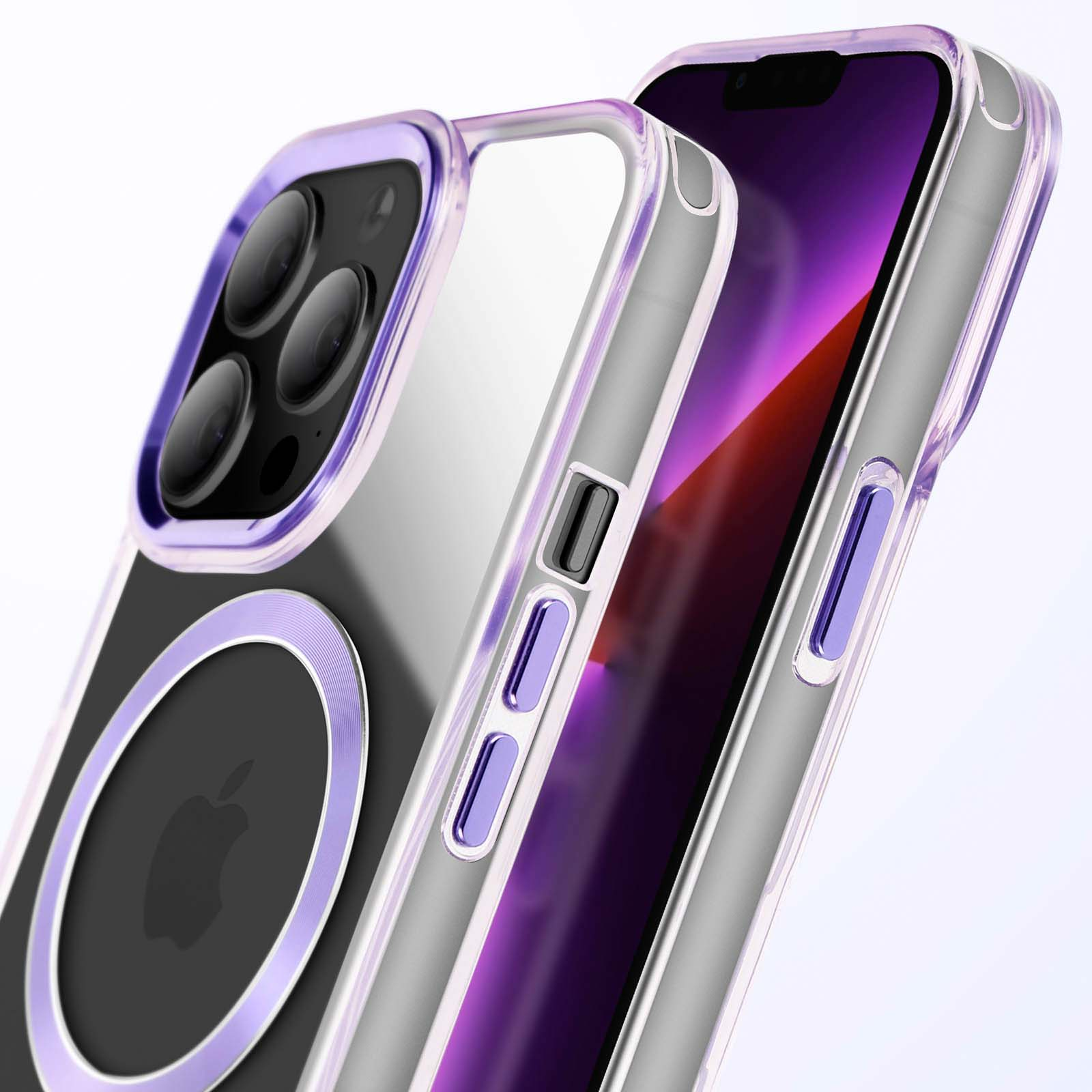 Una custodia trasparente attorno a un telefono. Accenti viola. Sfondo bianco.