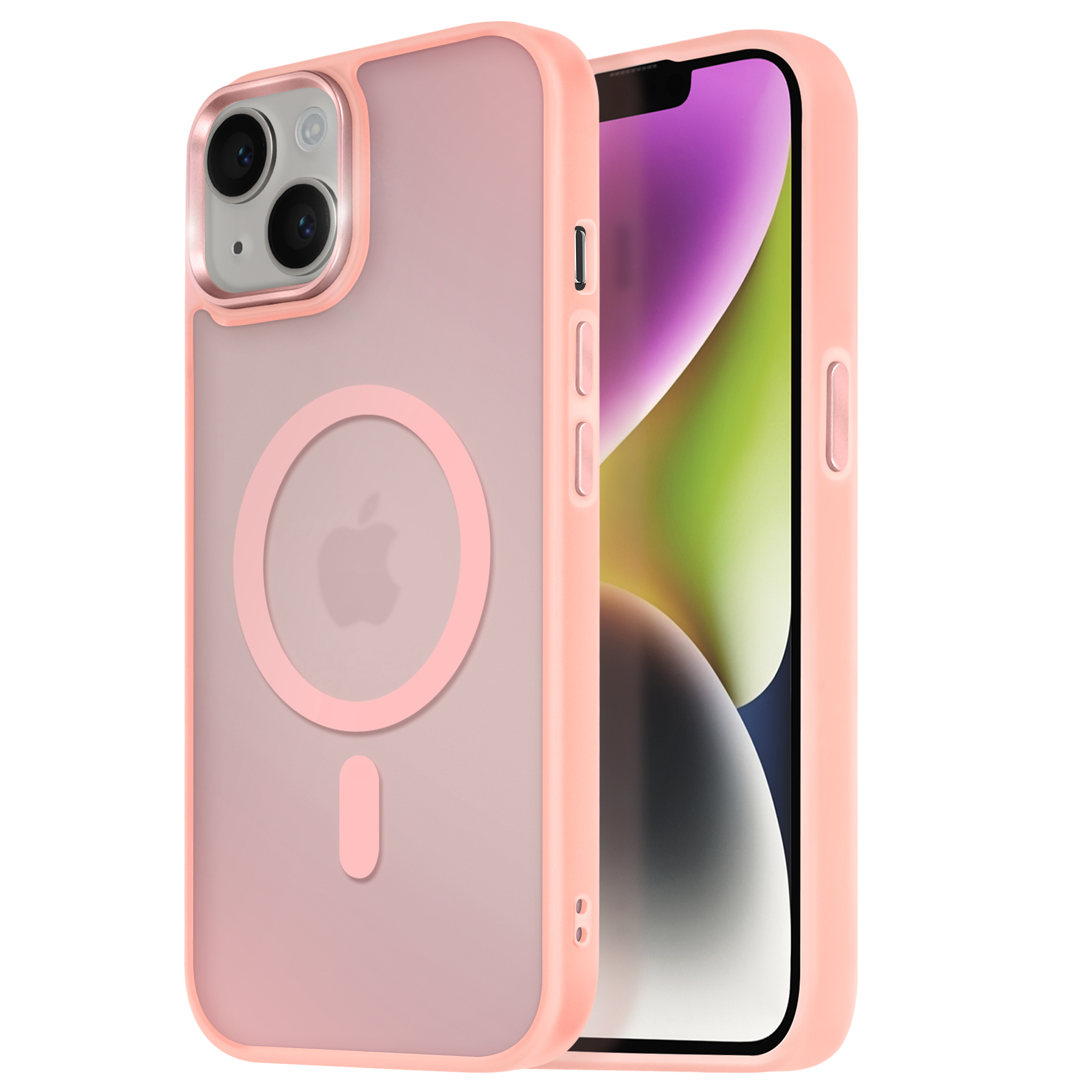 Custodia rosa su un telefono. Il telefono è nella custodia. La custodia ha un cerchio dove è visibile il logo del telefono.
