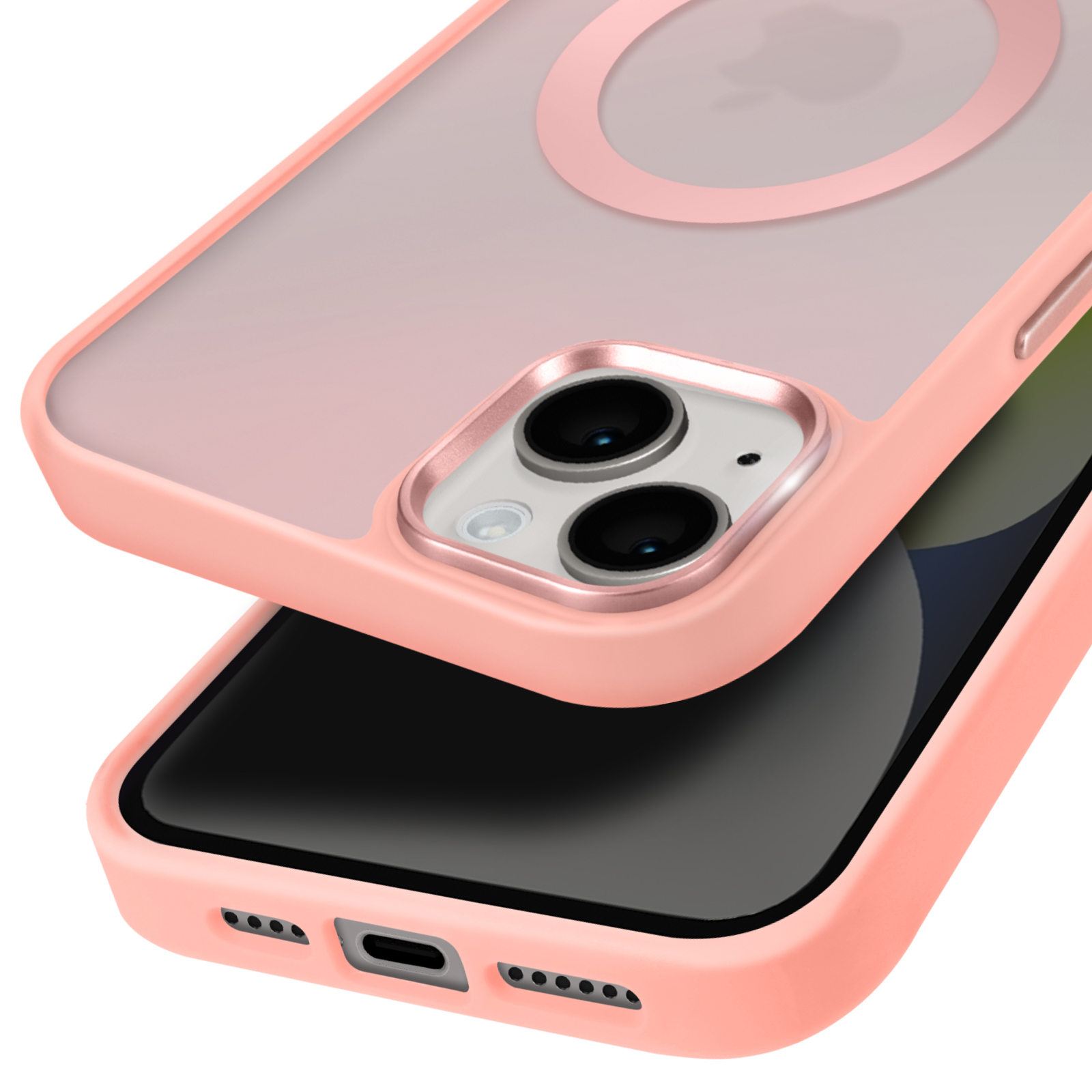 Una custodia per telefono rosa con tre fori per la fotocamera. Schermo nero. Sfondo bianco.