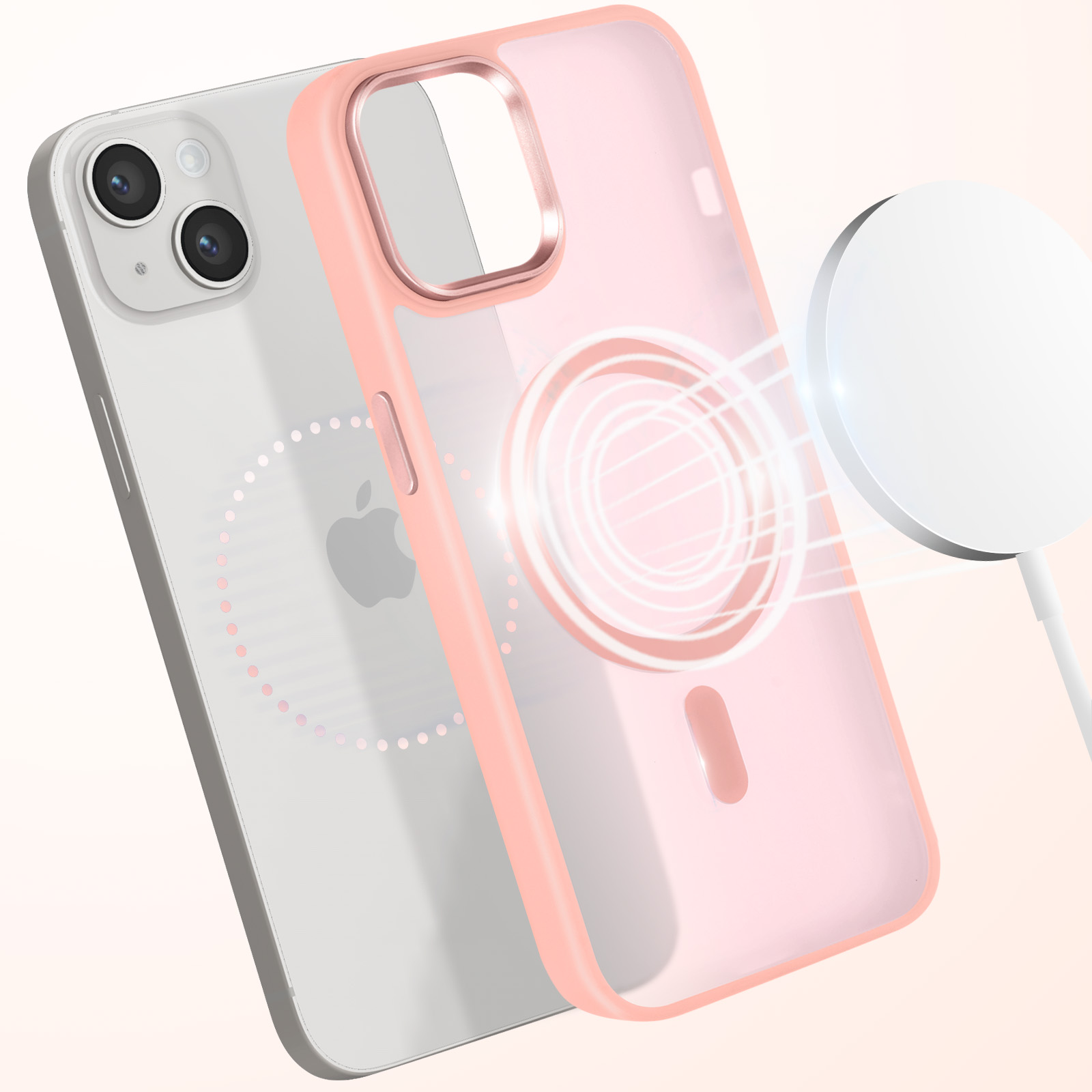 Custodia rosa con un telefono. Il telefono è bianco e un caricabatterie è collegato.
