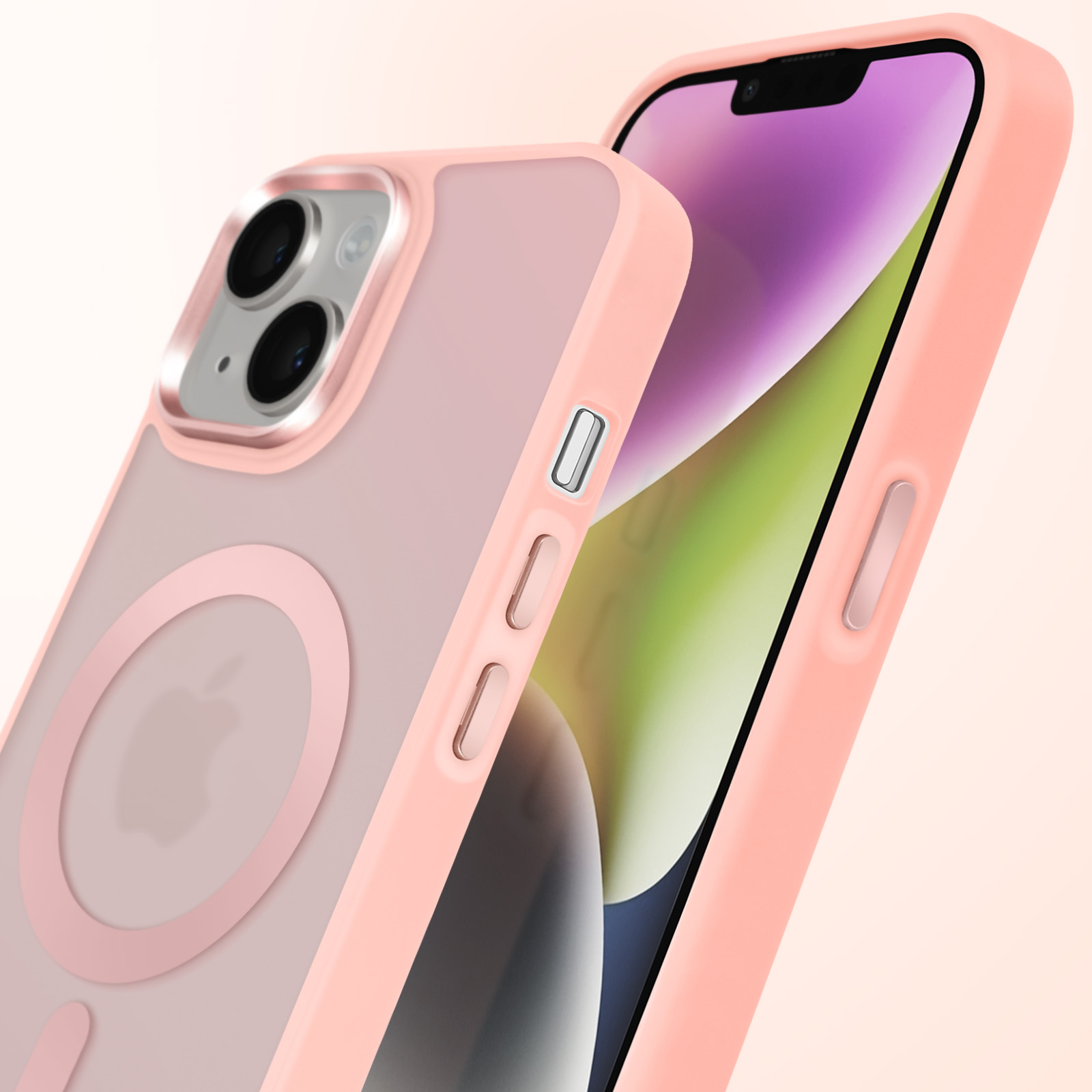 Telefono in custodia rosa, con elementi trasparenti e un anello MagSafe rosa visibile. Colori rosa e chiari.