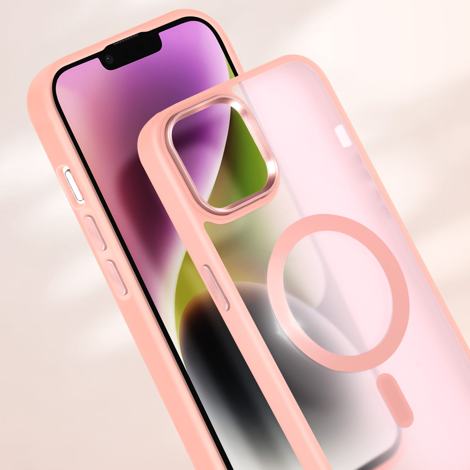 Custodia per telefono rosa su un telefono. La custodia ha un retro trasparente e un ritaglio circolare per un attacco magnetico.