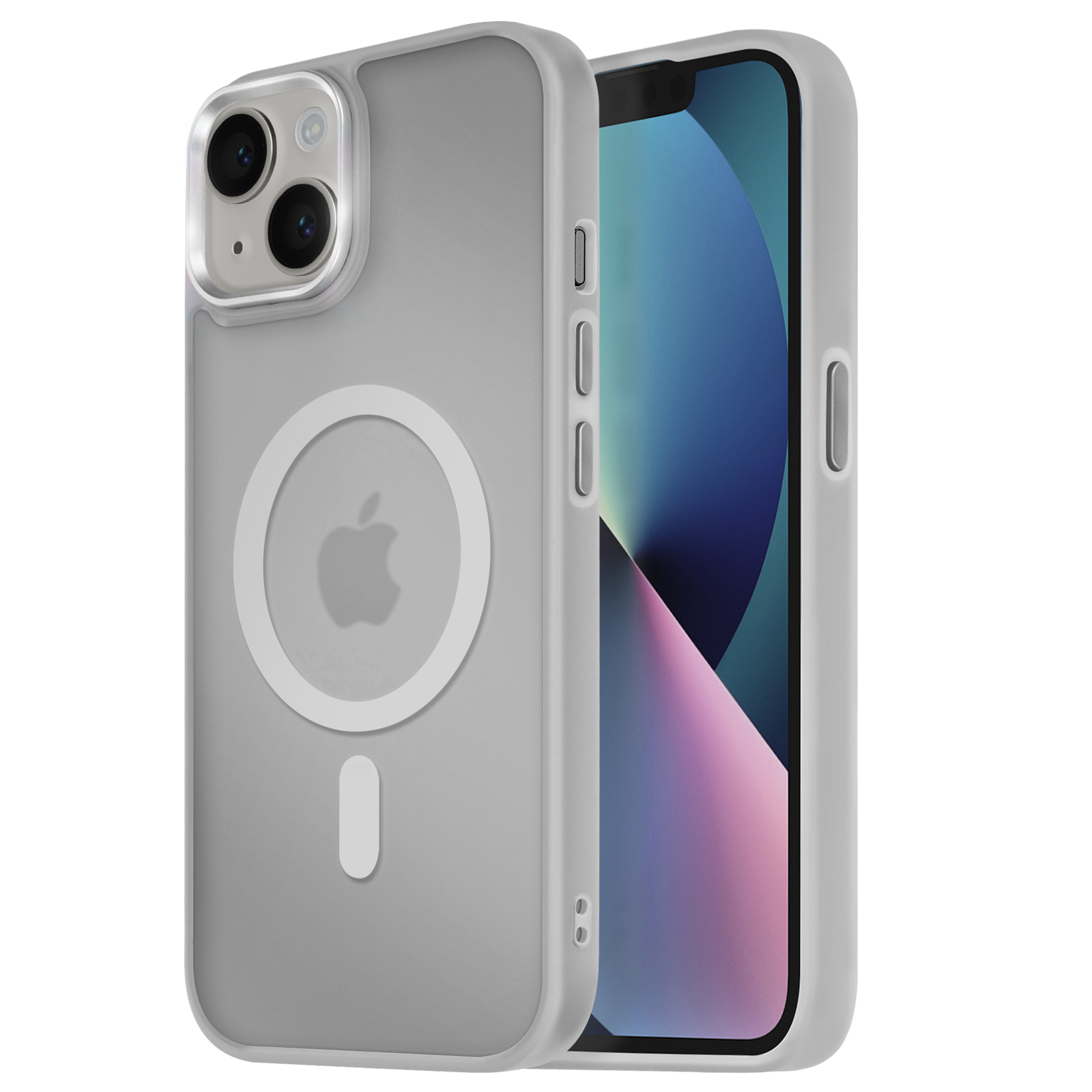 Custodia grigia con un cerchio bianco e il logo Apple sul retro. C'è un telefono dentro la custodia.