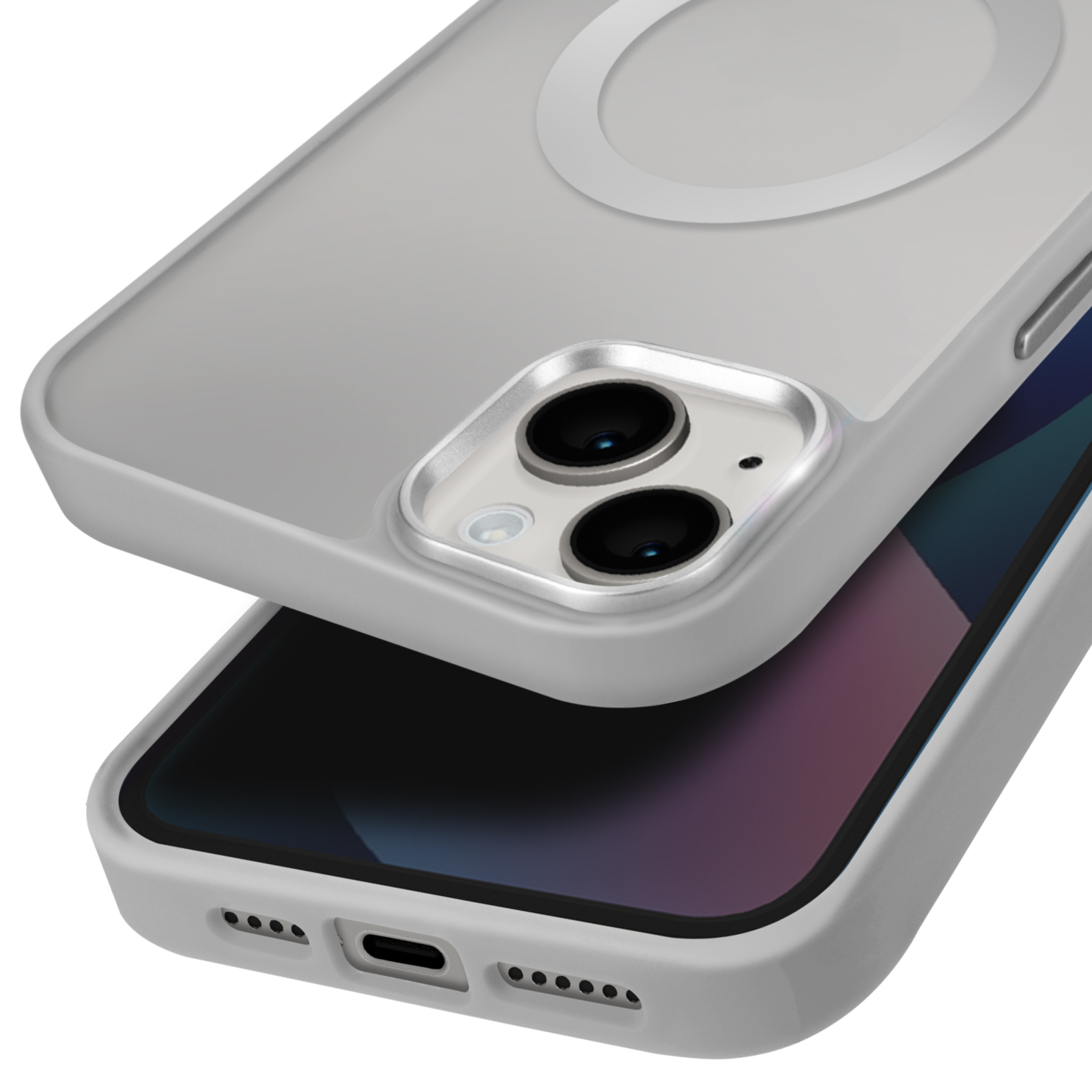 Telefono in una custodia grigia, mostra la fotocamera e il retro. La custodia ha una forma circolare sul retro.