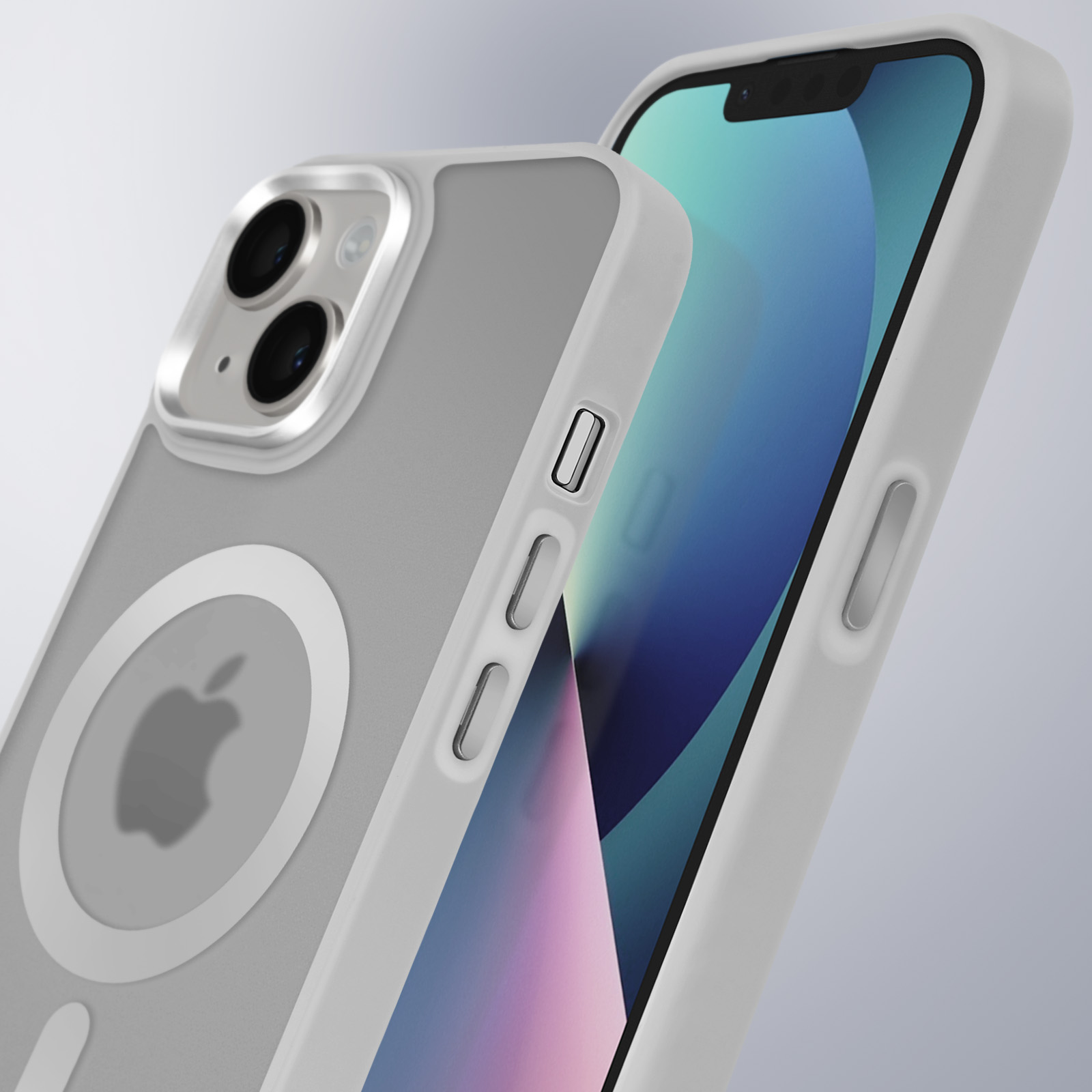 Un telefono grigio con custodia bianca, che mostra il logo Apple sul retro.