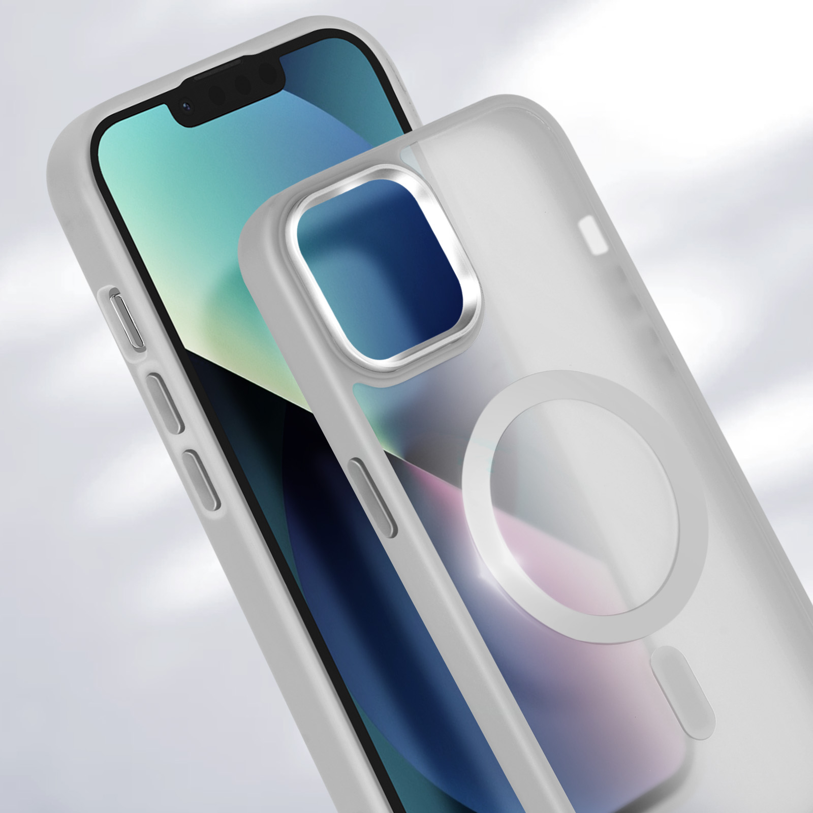 Custodia per telefono bianca su un telefono con retro trasparente e ritaglio circolare per attacco magnetico.