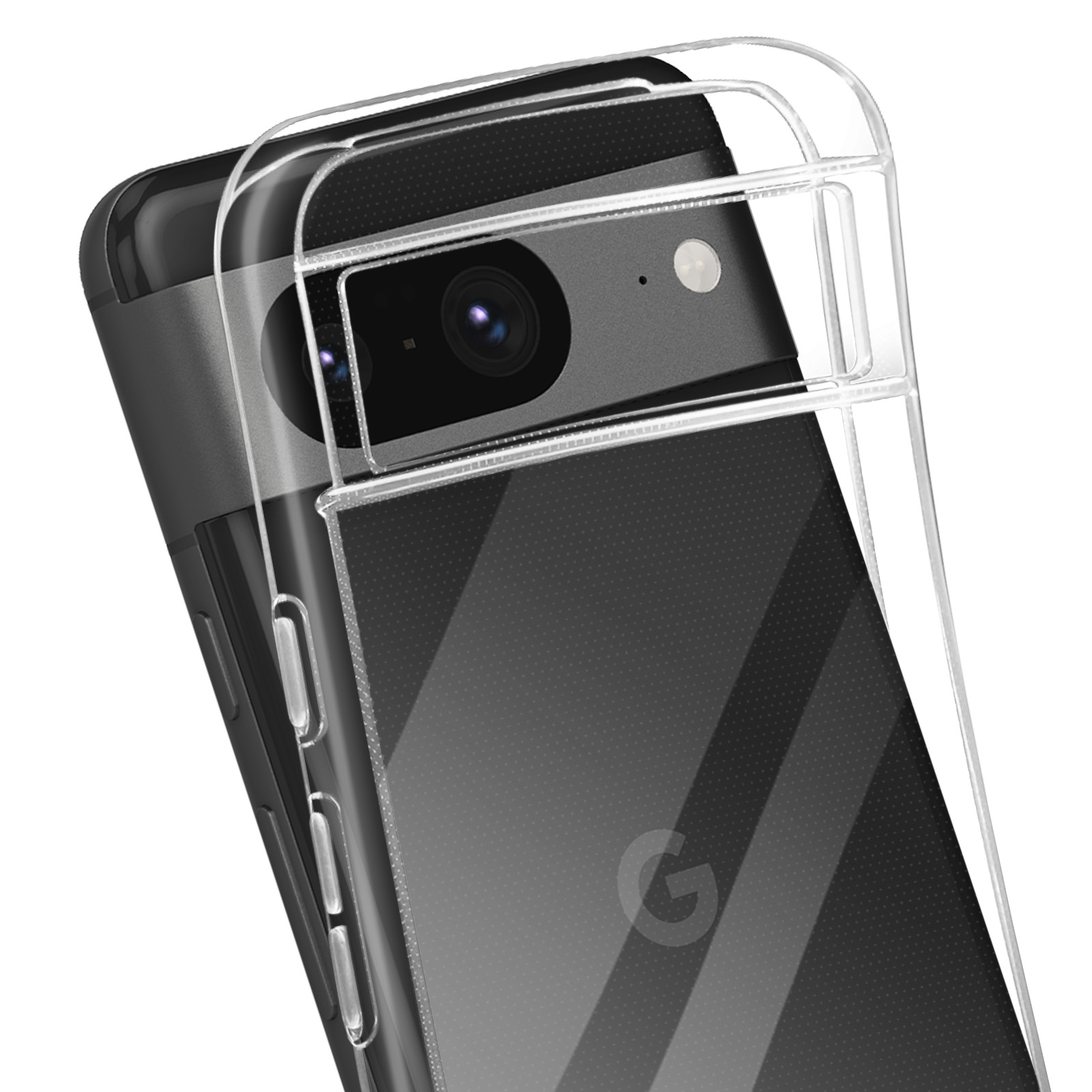 Custodia trasparente per telefono su un telefono nero. Il telefono ha una fotocamera e un flash.