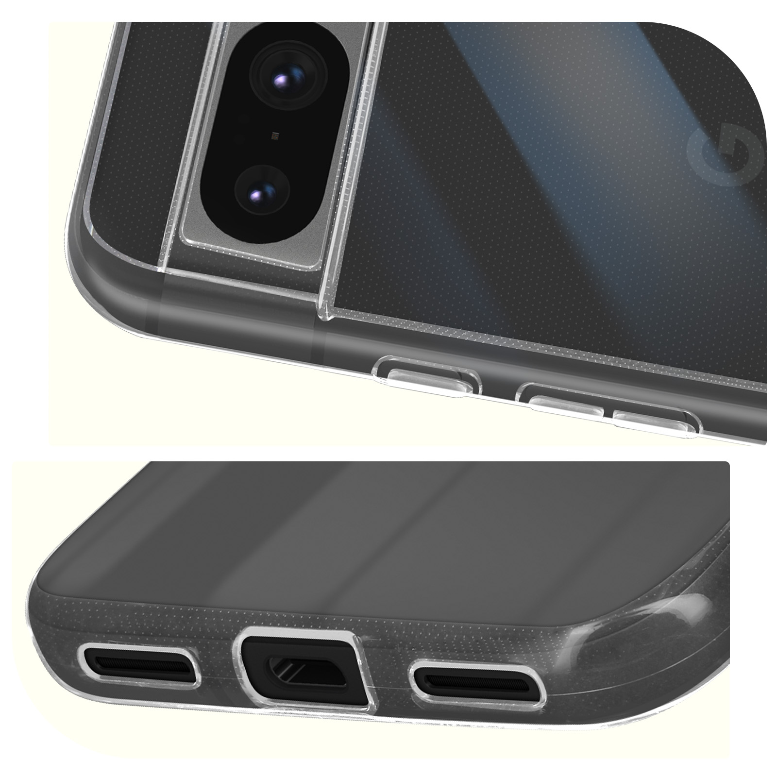 Primo piano di una custodia trasparente con lenti della fotocamera e porte inferiori visibili.