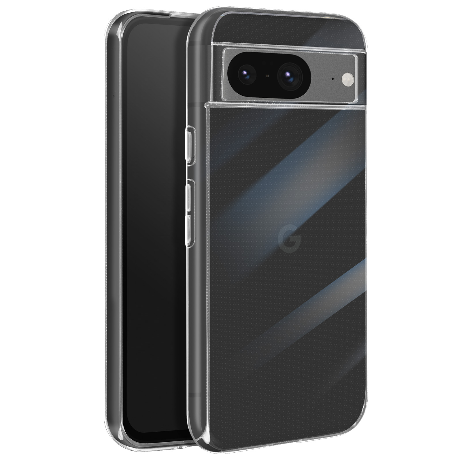 Custodia trasparente per telefono su un telefono con ritagli per la fotocamera. Il telefono ha un logo G.