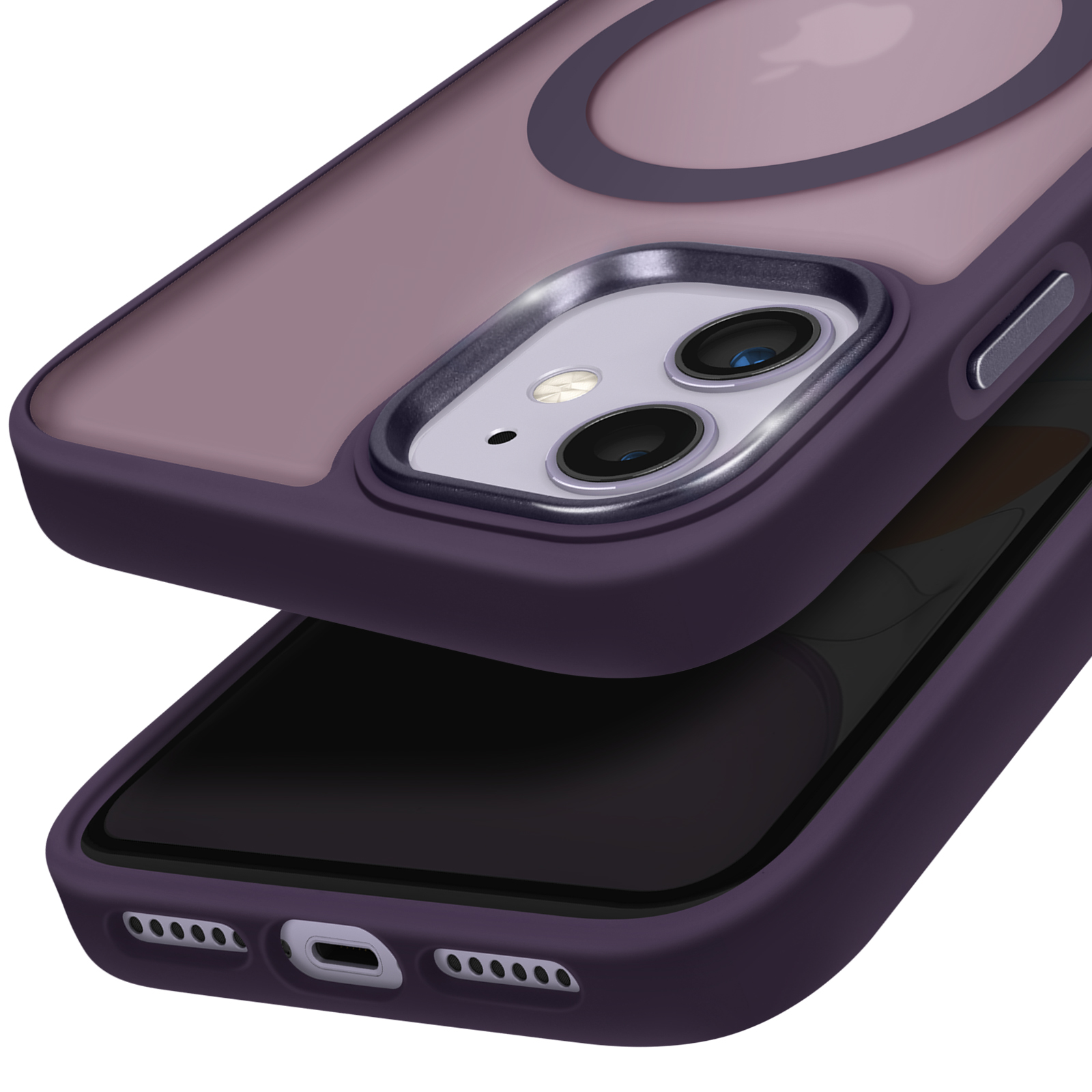 Custodia per telefono viola con parte superiore trasparente. Ha un ritaglio nero per la fotocamera e sfondo bianco.