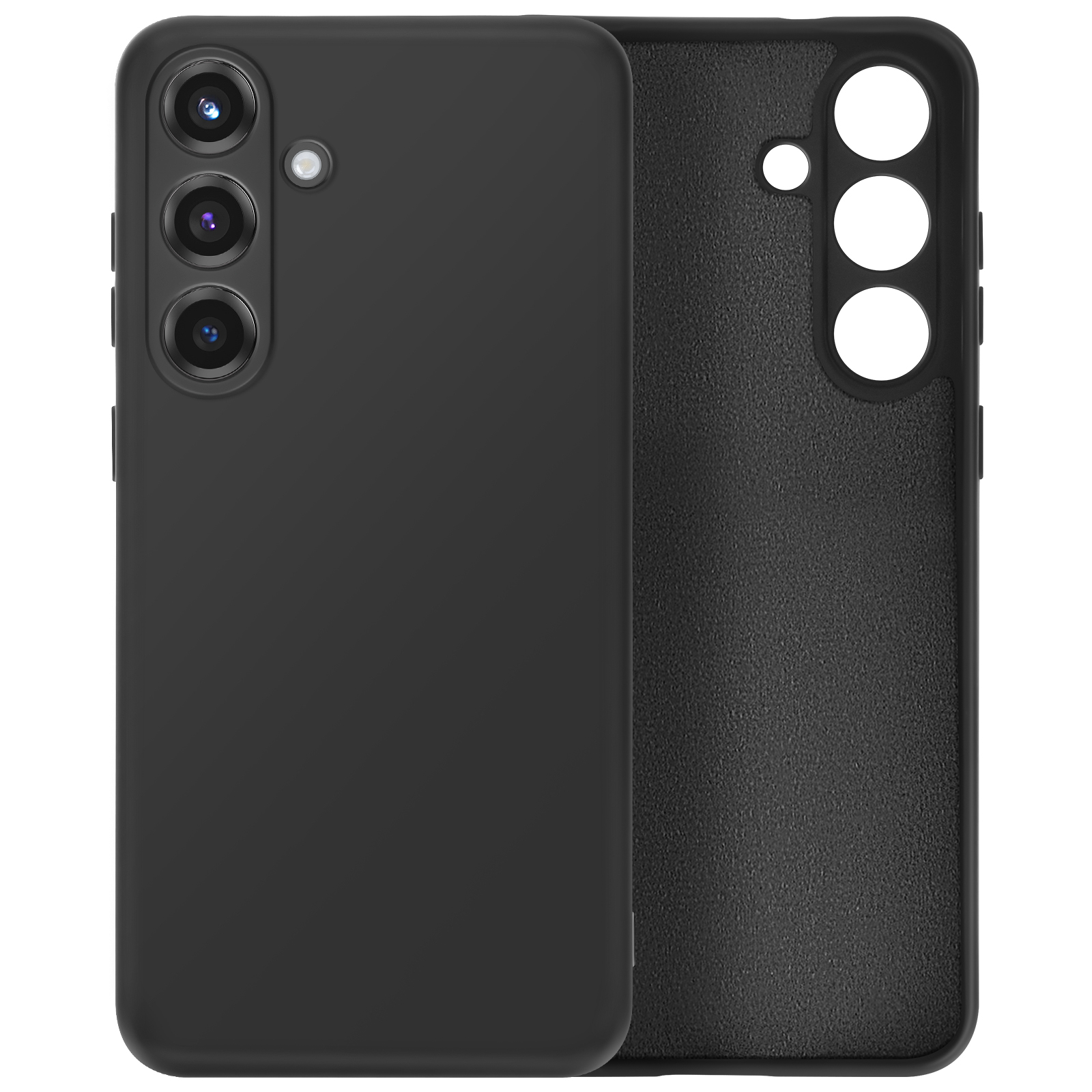 Telefono nero con custodia nera. La custodia è sul telefono. Il telefono ha più fotocamere sul retro.