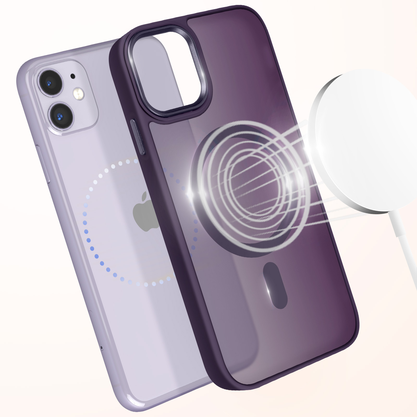 Un telefono con una custodia viola e un tappetino di ricarica bianco. Il telefono ha un logo Apple.