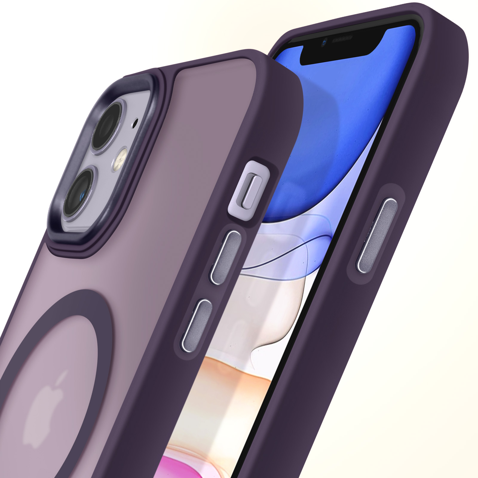 Custodia viola con retro trasparente. Telefono con fotocamere visibili. Logo Apple.