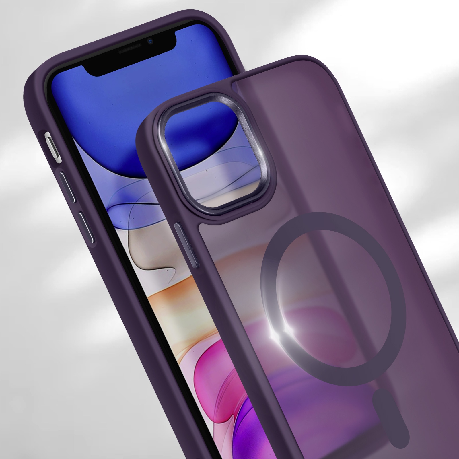 Custodia per telefono viola con un cerchio magnetico sul retro. Il telefono è visibile attraverso la custodia.