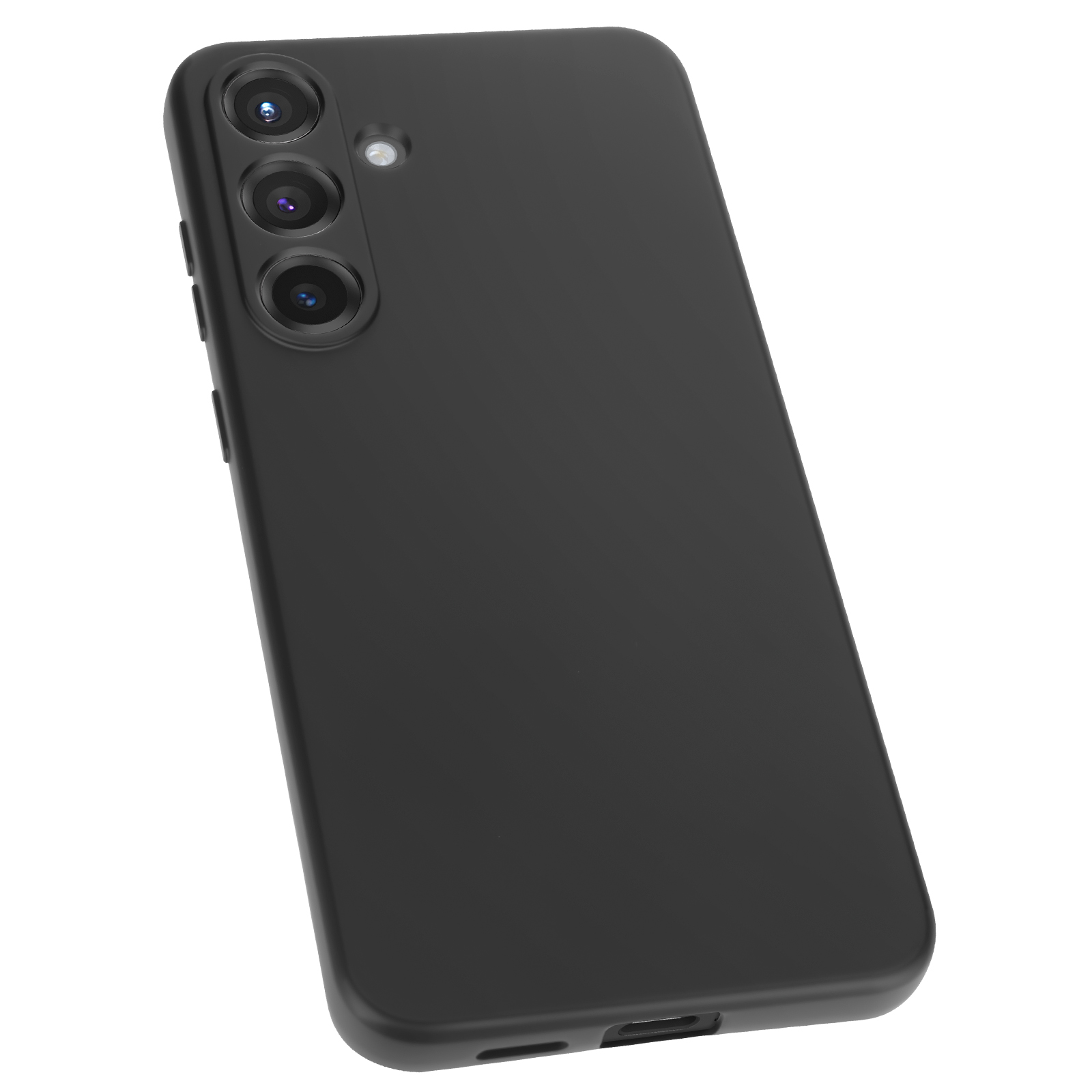 Un telefono nero con tre fotocamere. Il telefono è leggermente angolato dall'alto a sinistra.