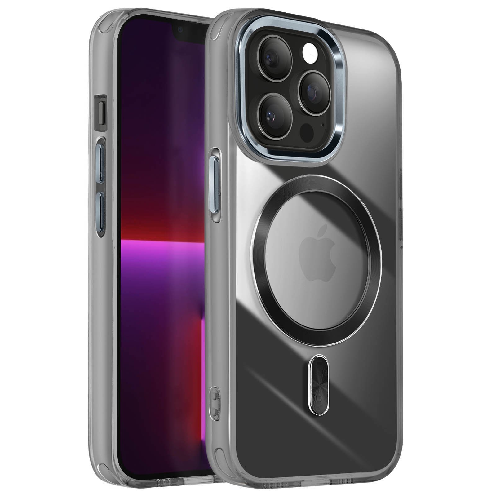 Custodia trasparente con telefono, fotocamera e logo Apple, sfondo grigio.