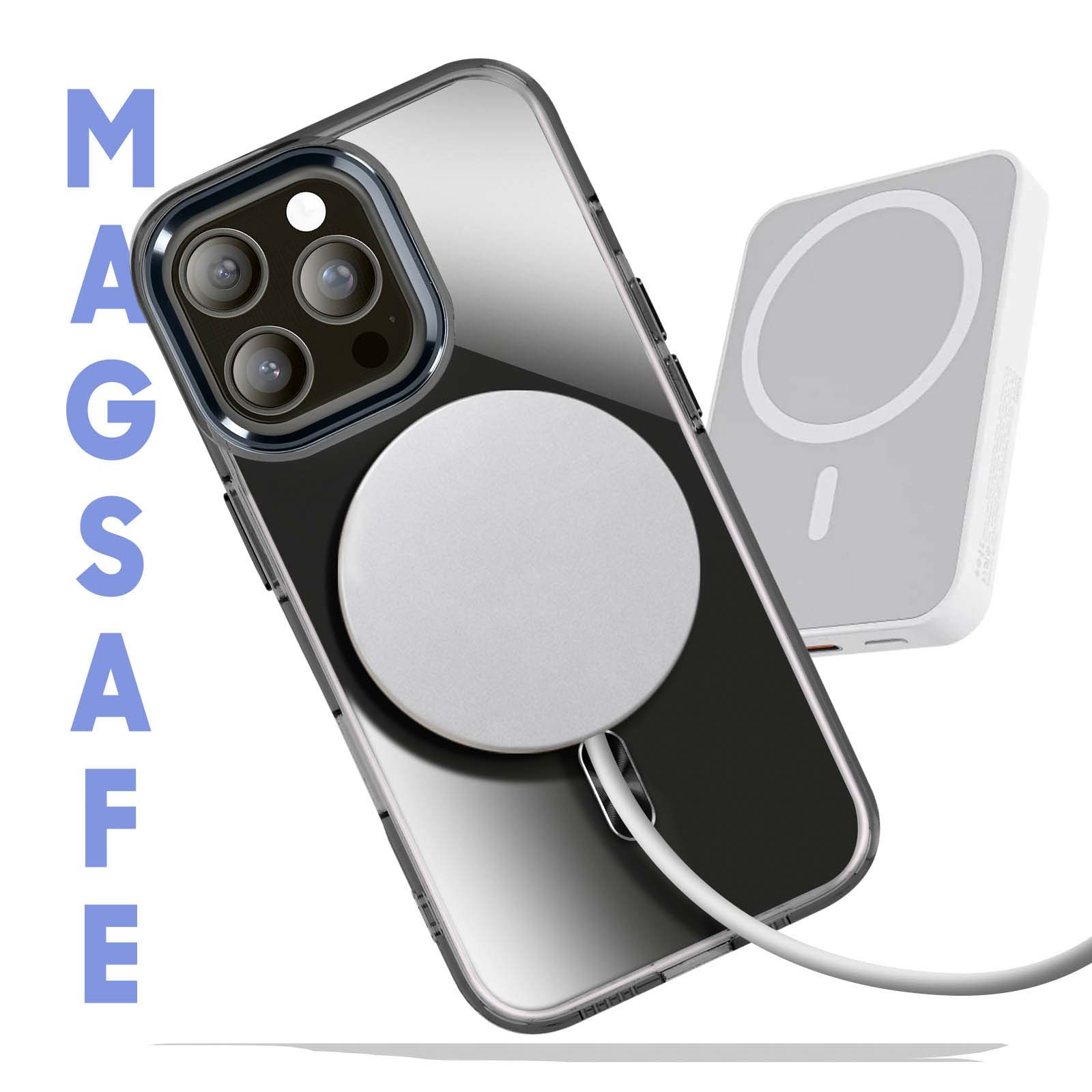 Telefono con custodia trasparente e caricatore wireless accanto.