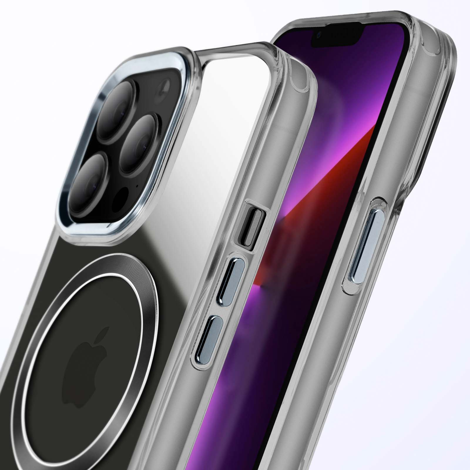Custodia trasparente con anello argentato attorno alla fotocamera. Il telefono è visibile all'interno.