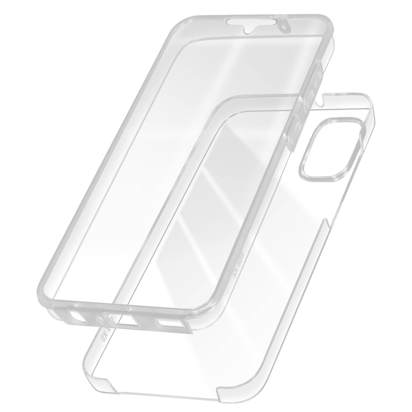 Due parti di custodia trasparente sovrapposte, plastica trasparente, sfondo bianco.