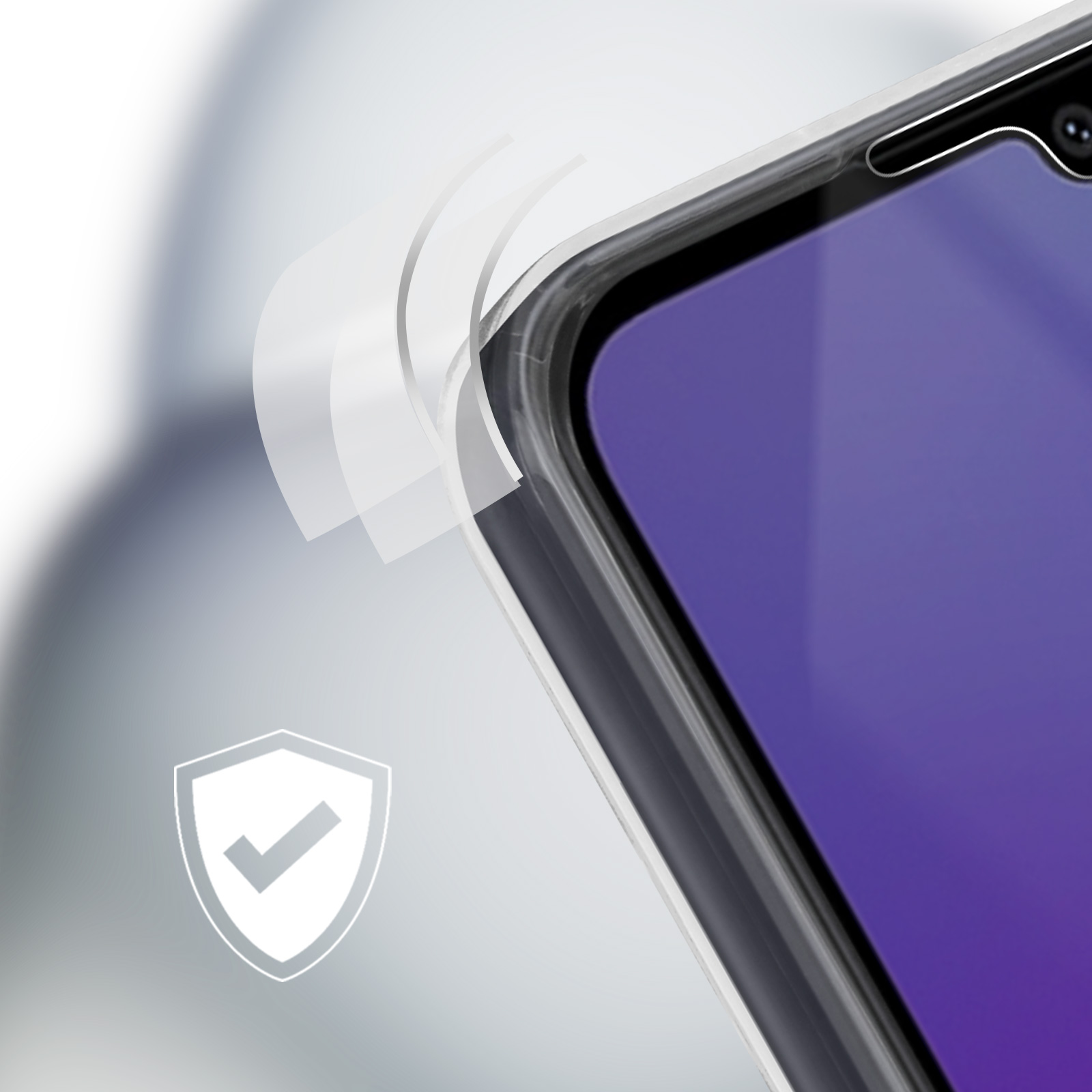 Un telefono in una custodia con una grafica a scudo. Lo schermo del telefono è viola. Lo sfondo è sfocato.
