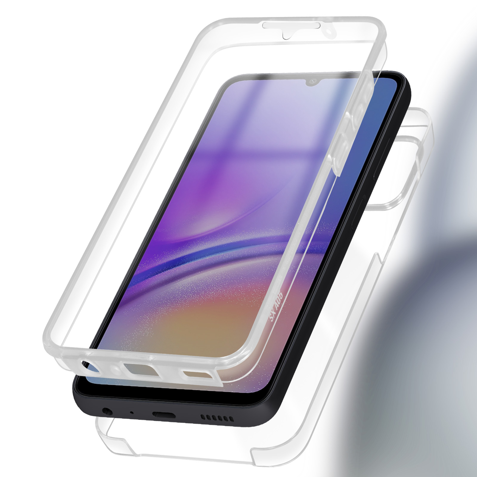Una custodia trasparente per telefono su un telefono, sfondo viola chiaro.