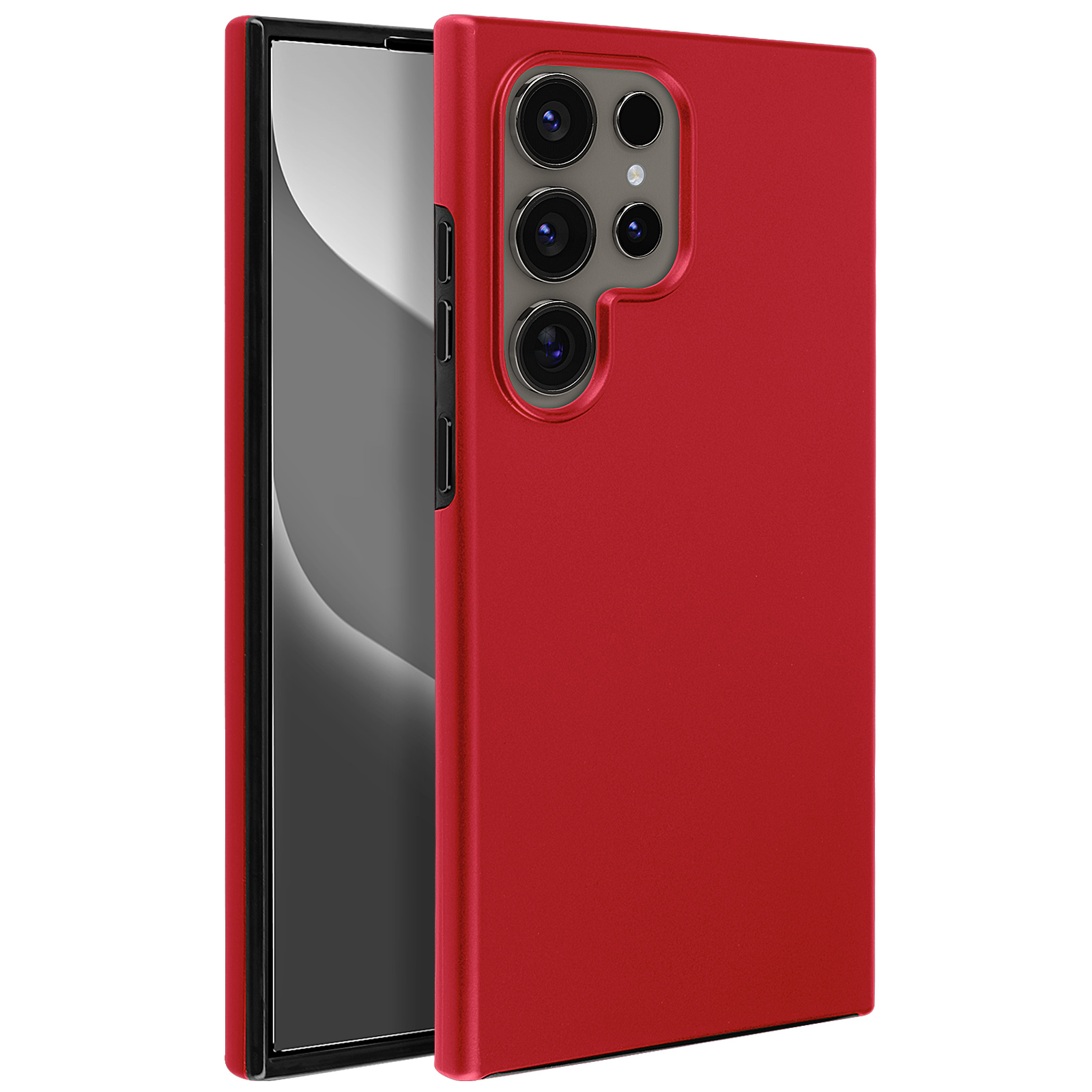 Custodia per telefono rossa. La custodia mostra il lato del telefono. Lo sfondo è bianco.