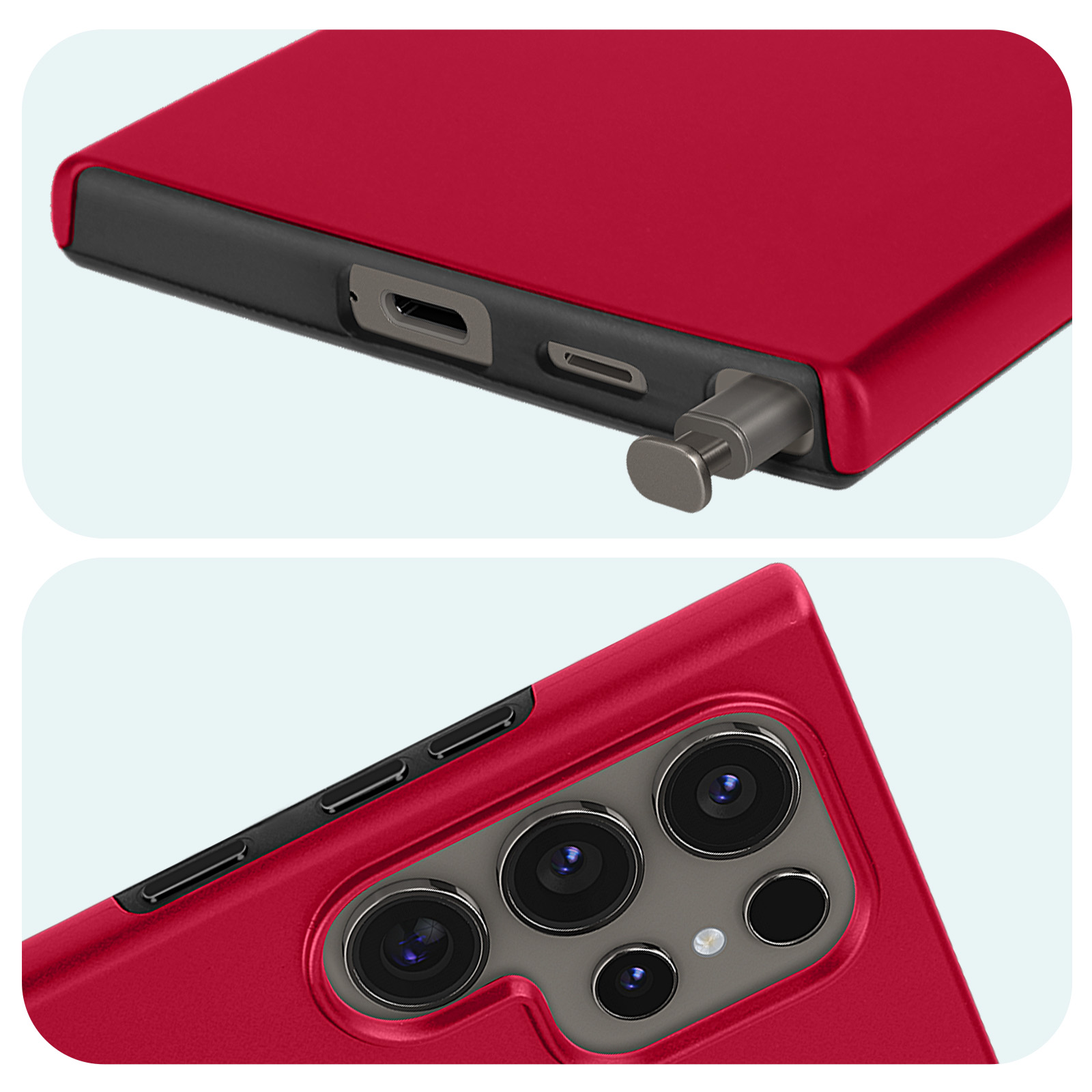 Due immagini ravvicinate di una custodia per telefono rossa. Una mostra una porta e uno stilo, l'altra la fotocamera.