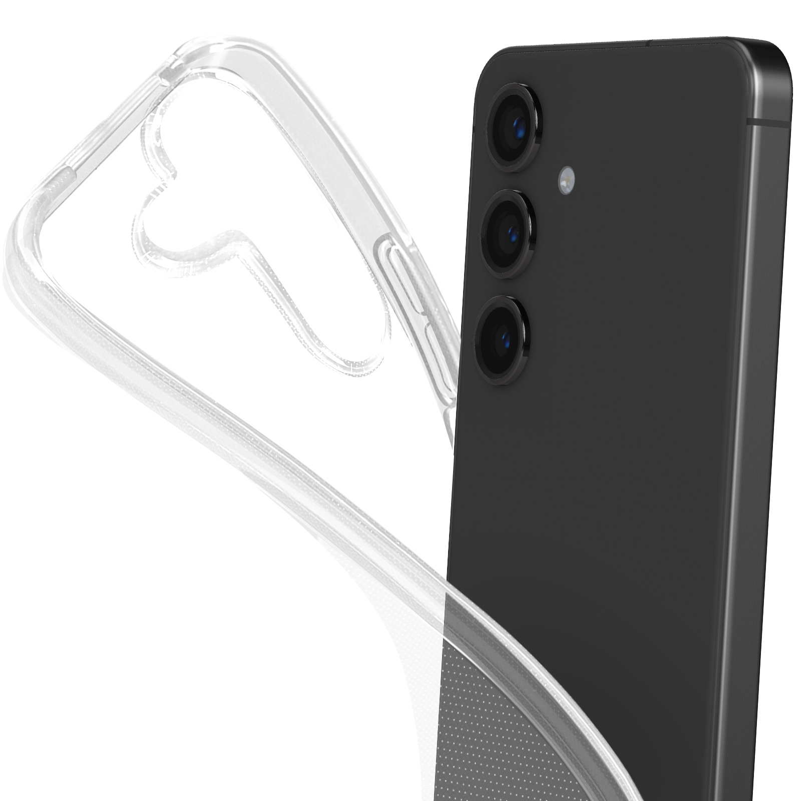 Custodia trasparente per telefono su un telefono nero. La custodia è curva e vicino al telefono.