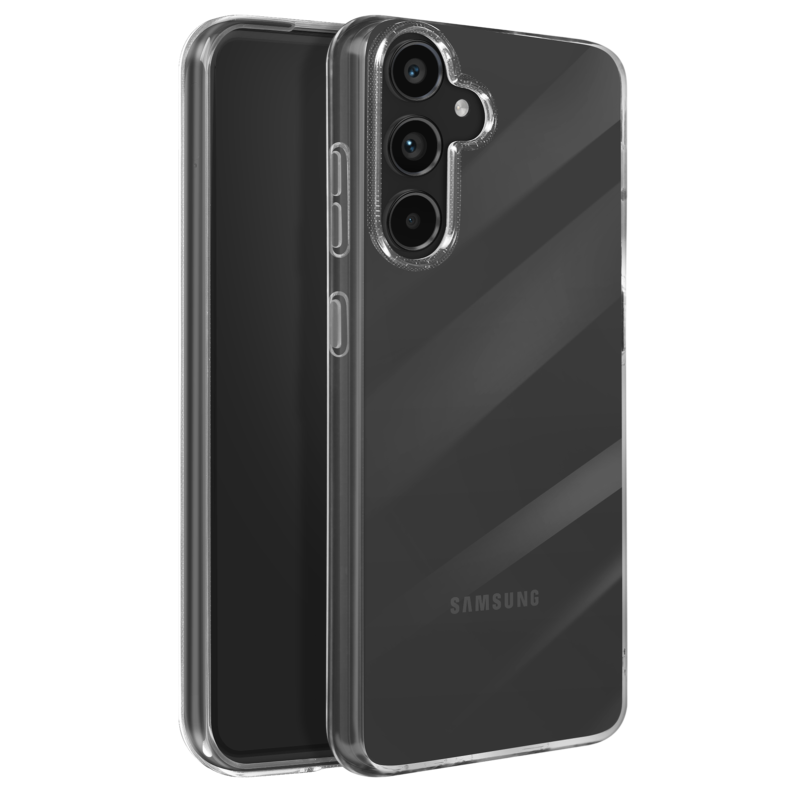 Custodia trasparente per un telefono Samsung. Tre fotocamere sul retro. Sfondo bianco.